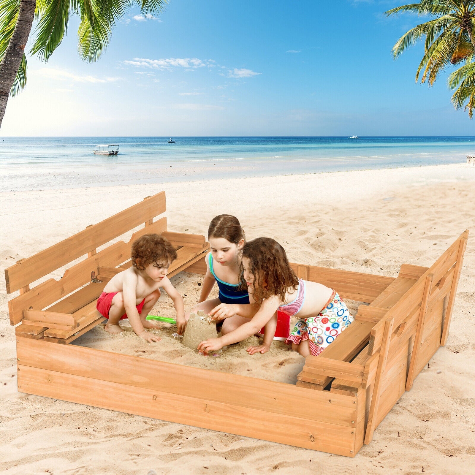 GBruno Kids Wooden Sandbox with 2 Foldable Bench Seats