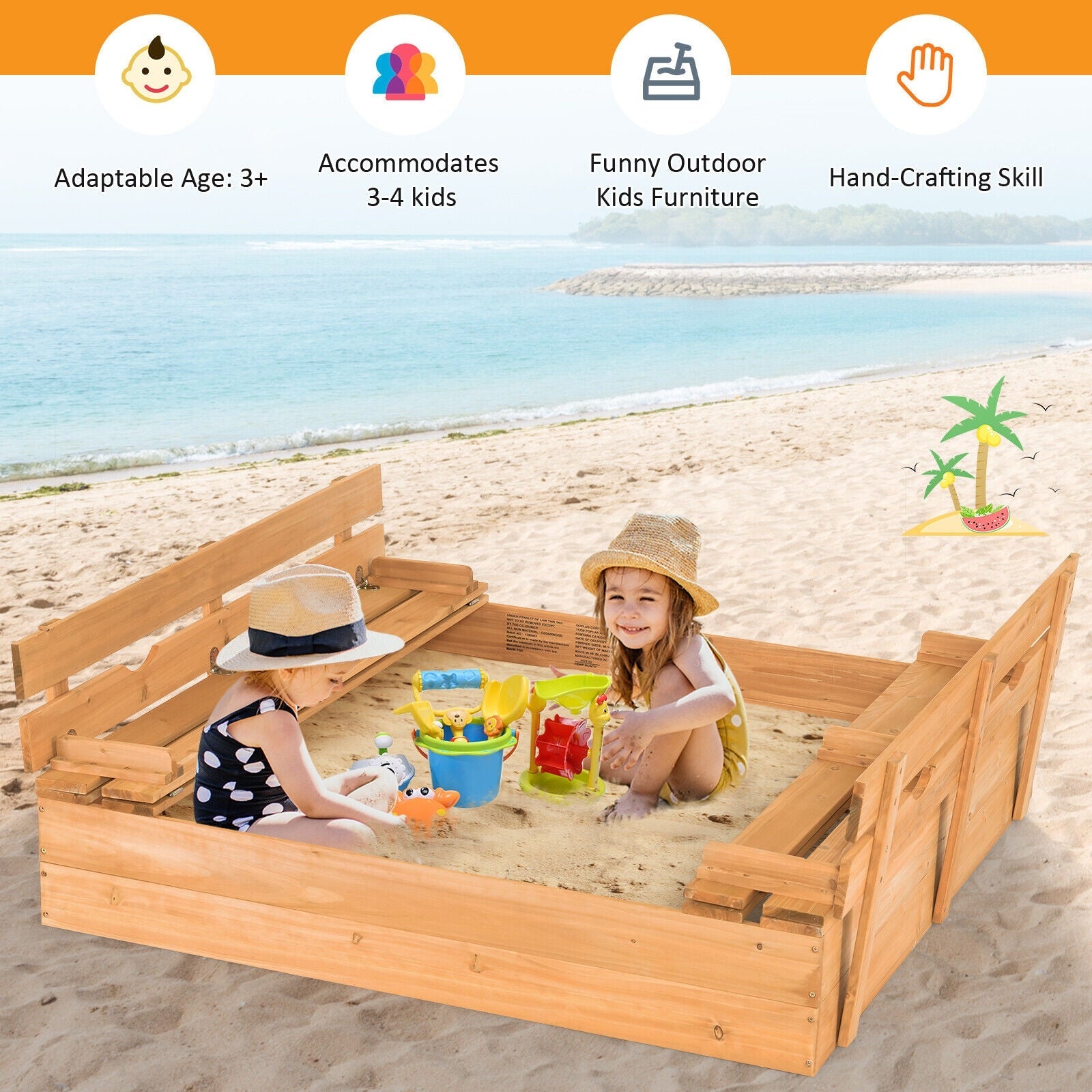 GBruno Kids Wooden Sandbox with 2 Foldable Bench Seats