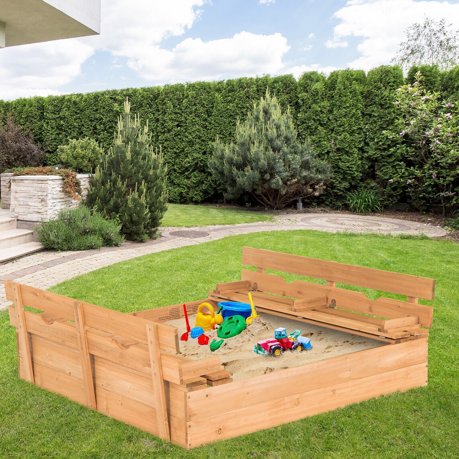 GBruno Kids Wooden Sandbox with 2 Foldable Bench Seats