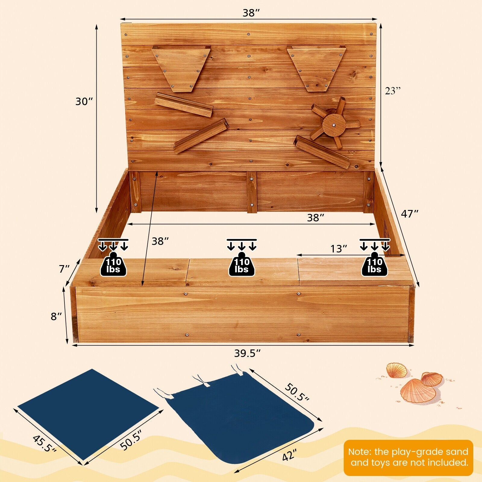 GBruno Kids Wooden Square Sandbox with Cover