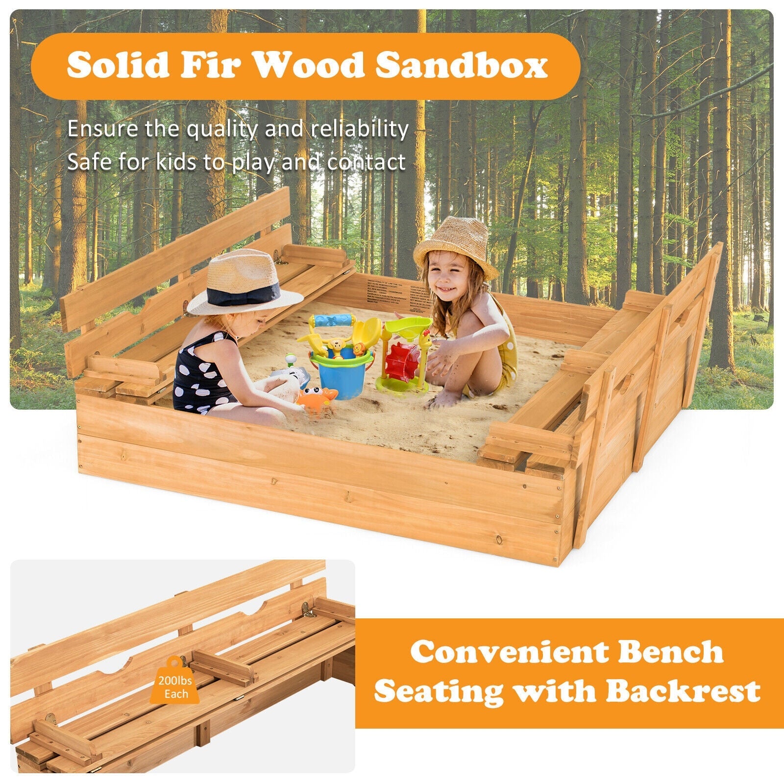 GBruno Kids Wooden Sandbox with 2 Foldable Bench Seats