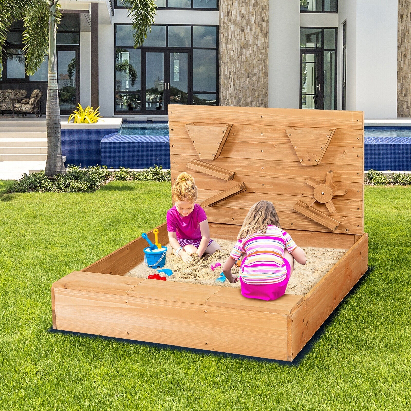 GBruno Kids Wooden Square Sandbox with Cover
