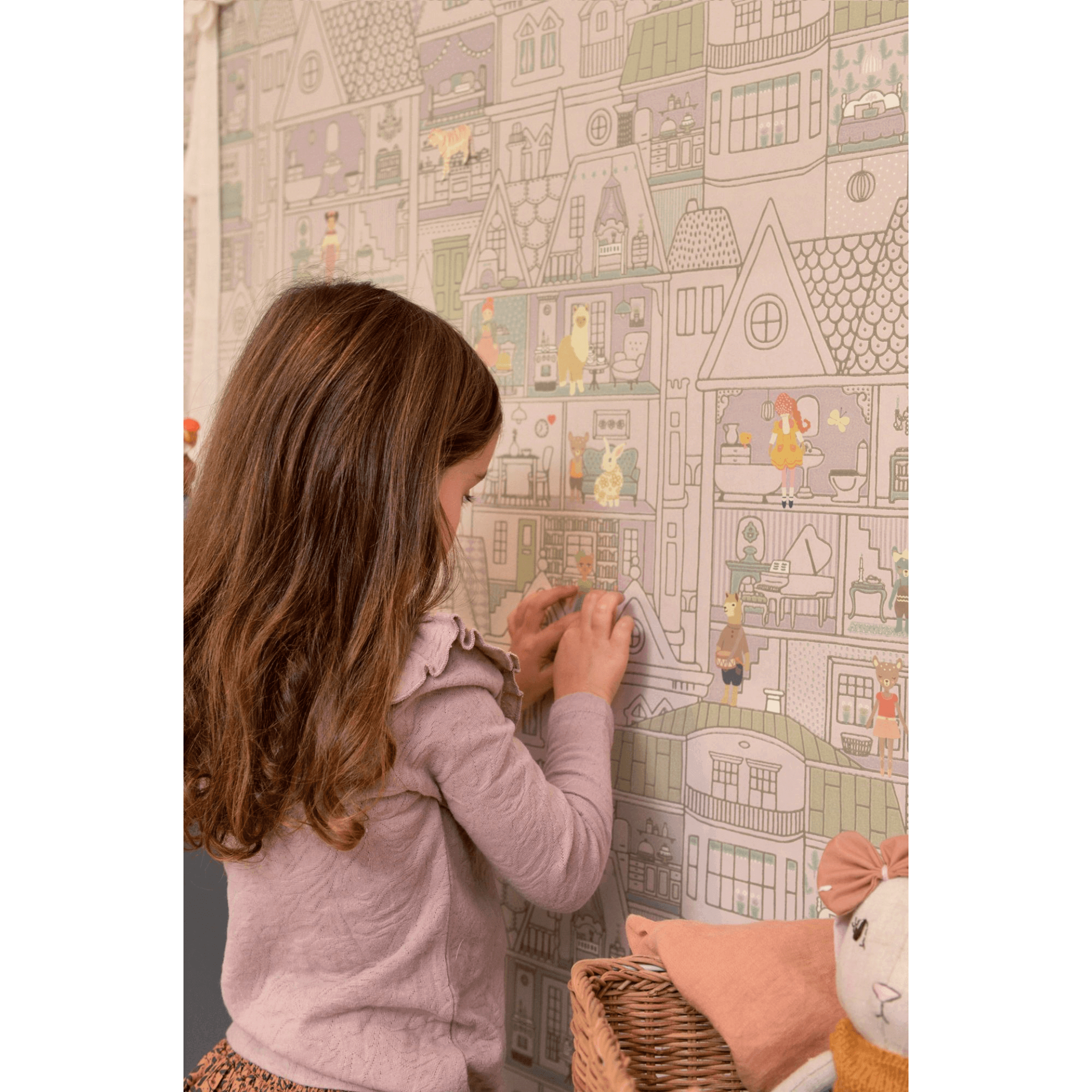 Majvillan Dollhouse Wallpaper 147-02 girl putting stickers on wallpaper