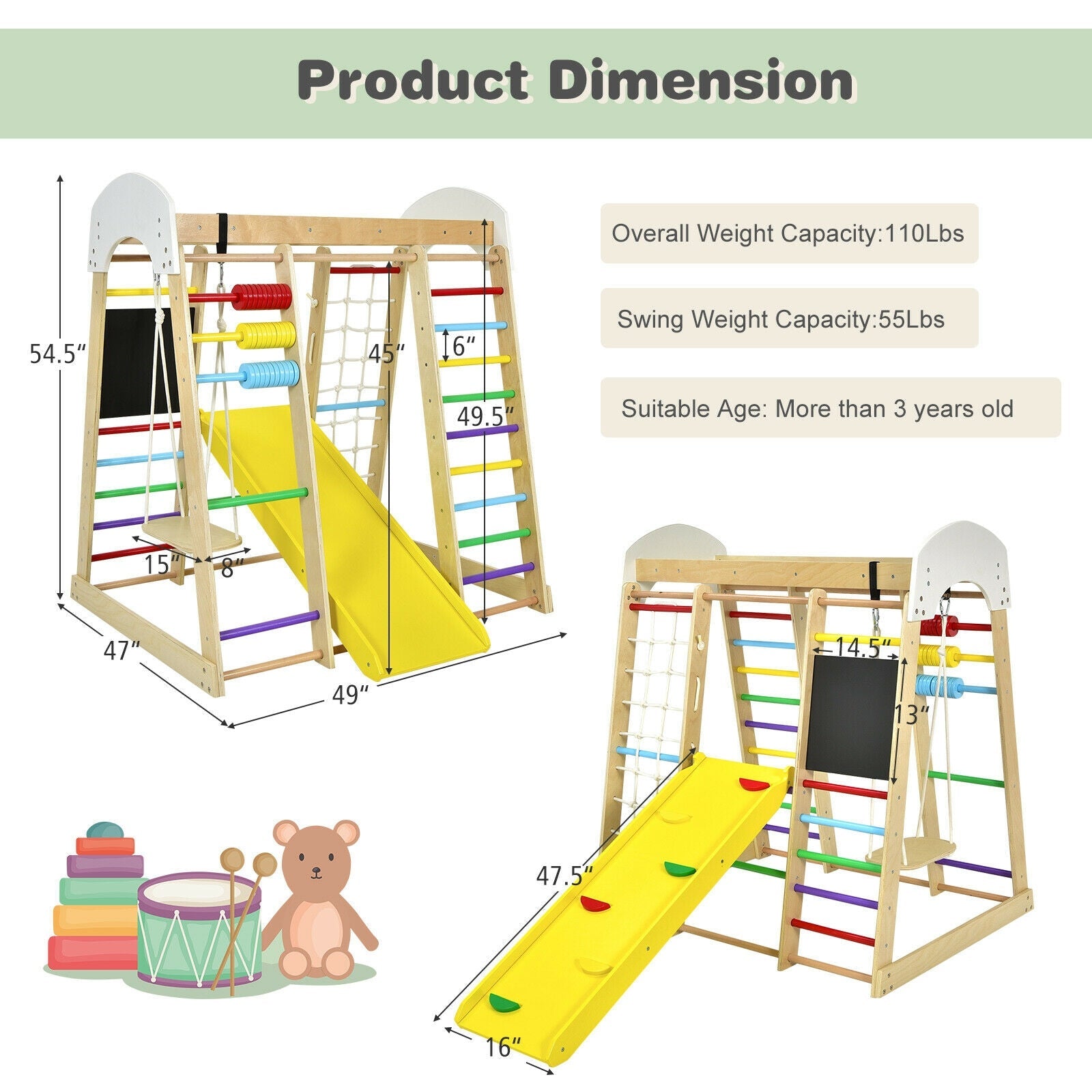 GBruno Indoor Playground Climbing Gym Wooden 8-in-1 Climber Playset for Children-Multicolor