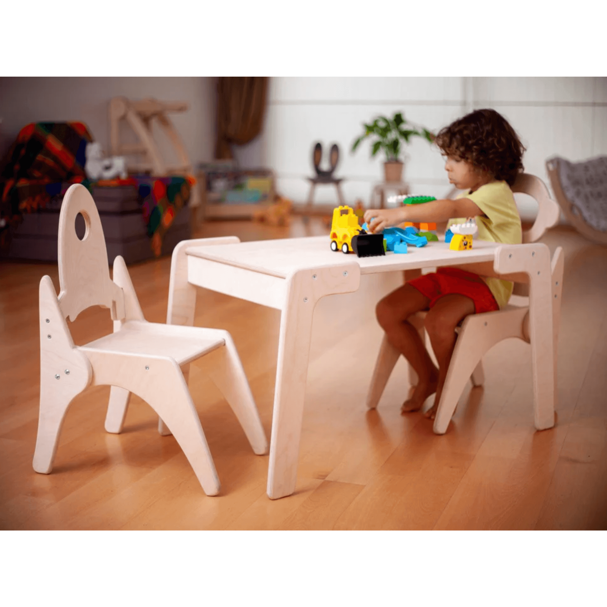 Kidodido Montessori Table and Chair Set KID073 front view with child sitting on right chair