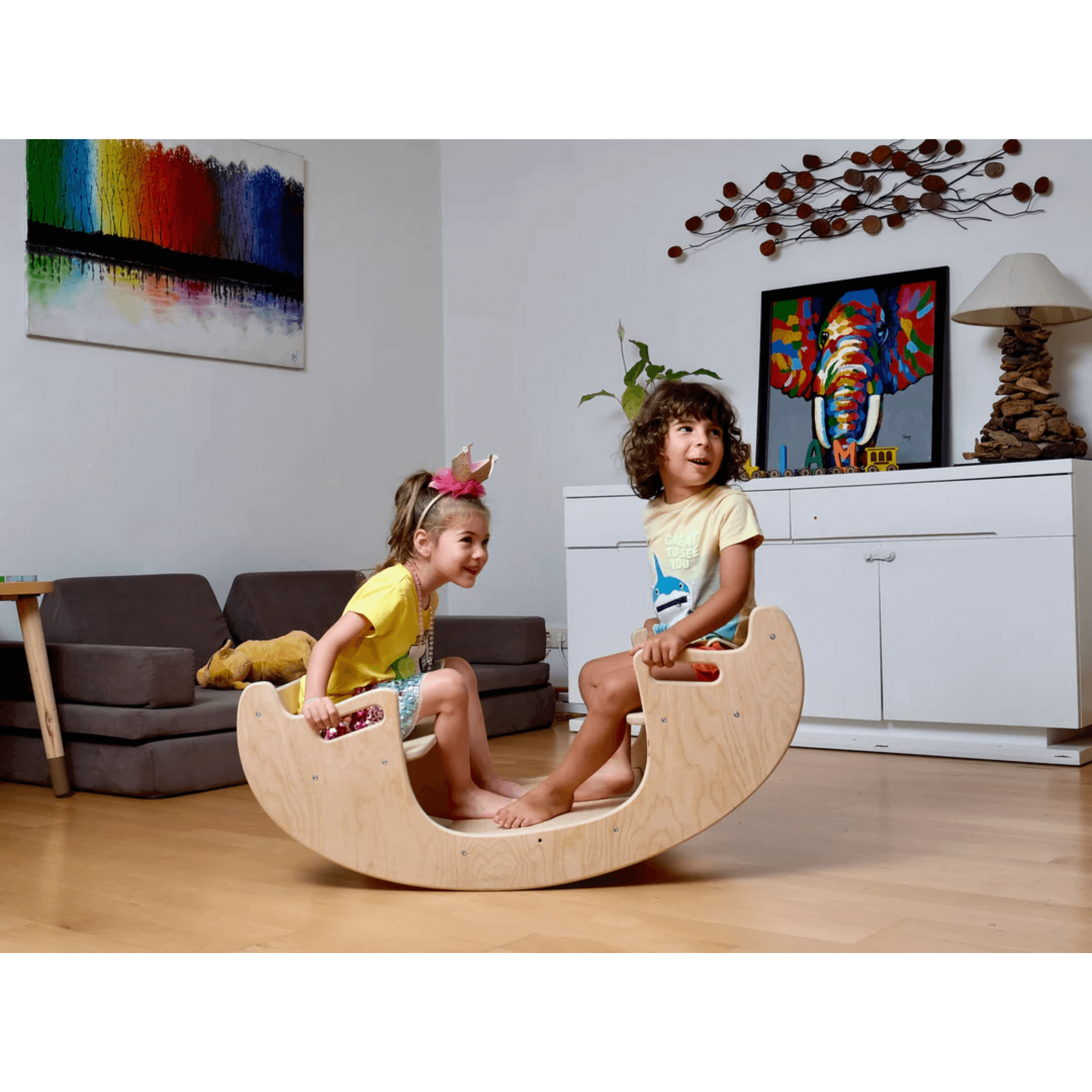 Kidodido 2 in 1 Wooden Seesaw and Montessori Table and Chair Set KID039 two children sitting on seesaw