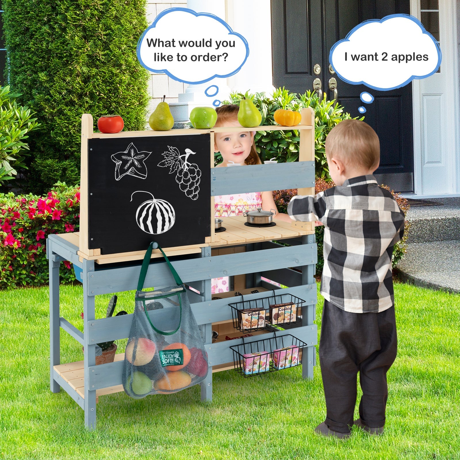 GBruno 2-In-1 Outdoor Mud Kitchen with Faucet and Extra Chalkboard