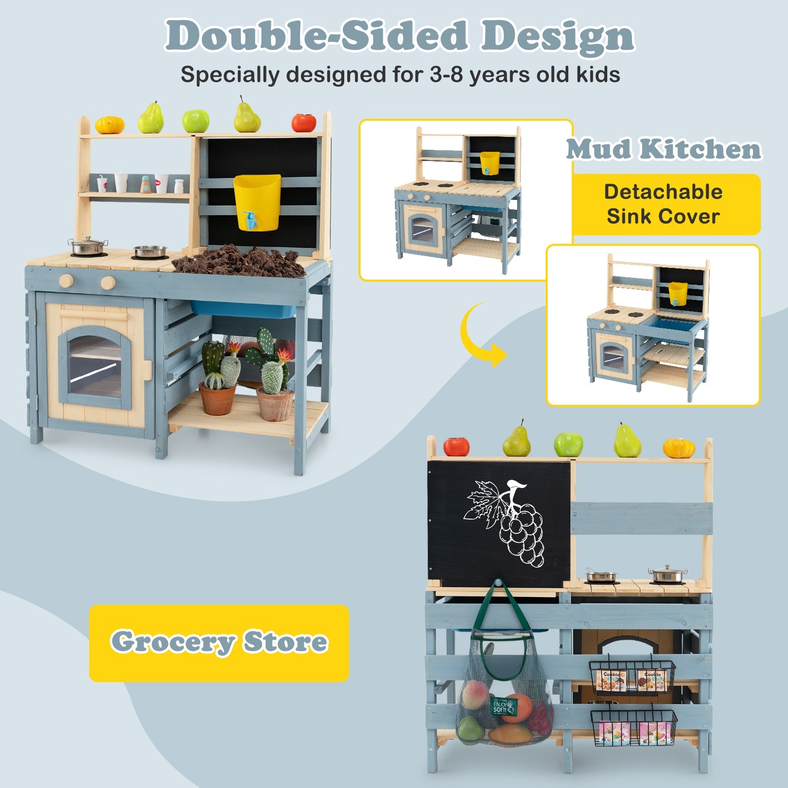 GBruno 2-In-1 Outdoor Mud Kitchen with Faucet and Extra Chalkboard