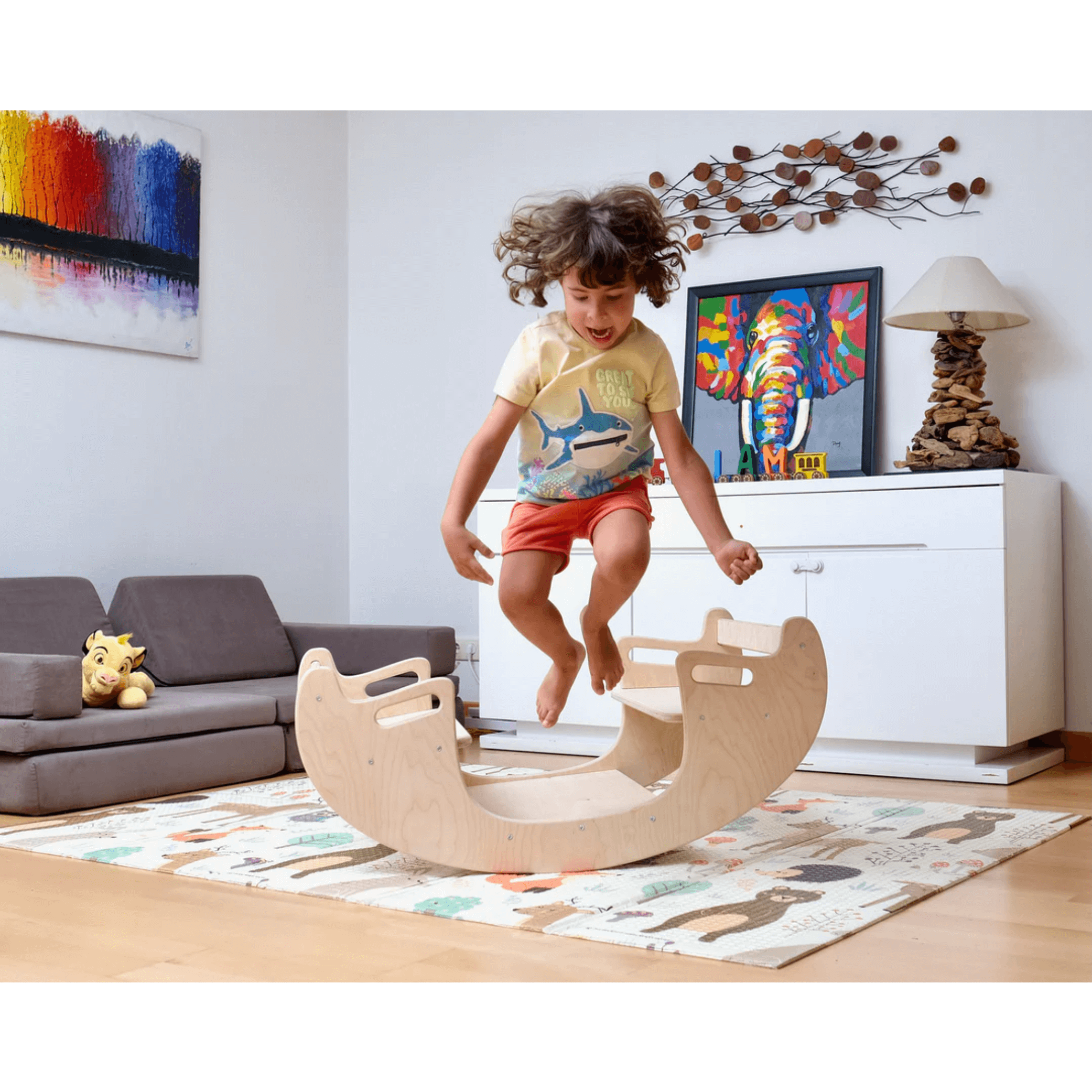 Kidodido 2 in 1 Wooden Seesaw and Montessori Table and Chair Set KID039 child jumping off seesaw