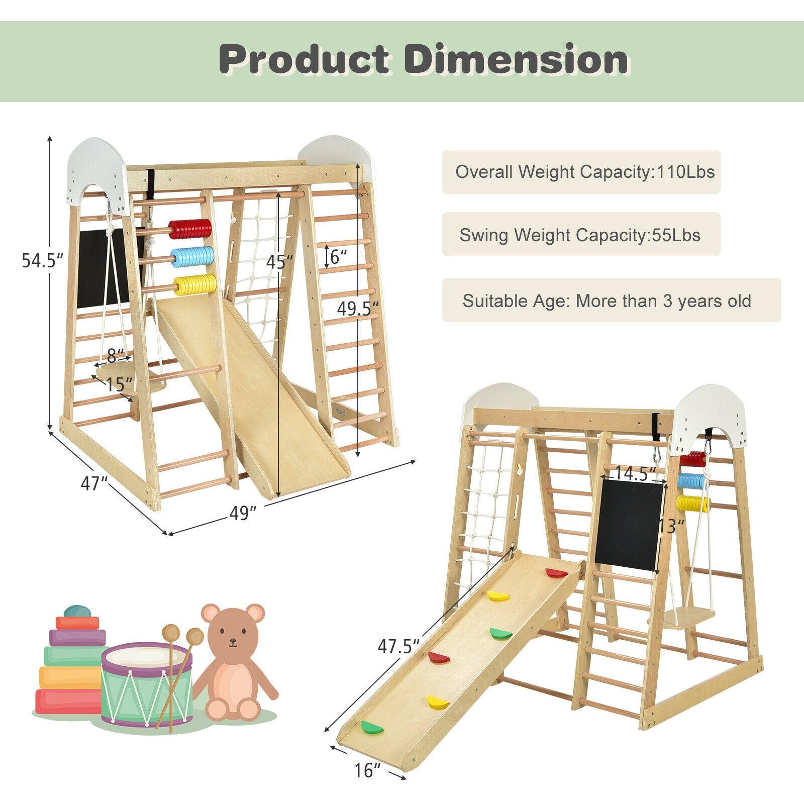 GBruno Indoor Playground Climbing Gym Wooden 8-in-1 Climber Playset for Children-Natural
