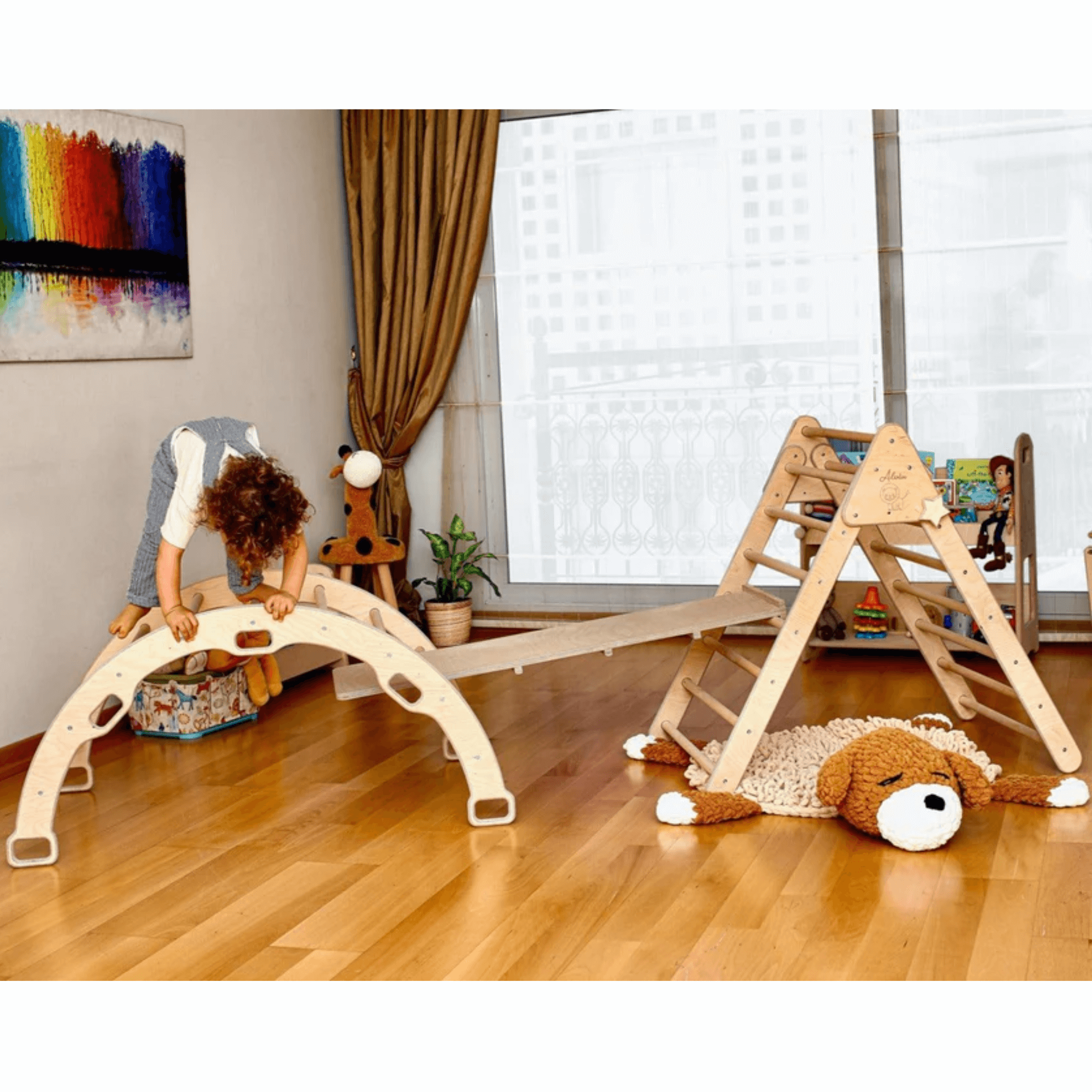 Kidodido 3 Piece Montessori Climbing Set - Climbing Triangle + Arch/Rocker + Ladder/Slide Ramp KIDO02 child climbing on arch