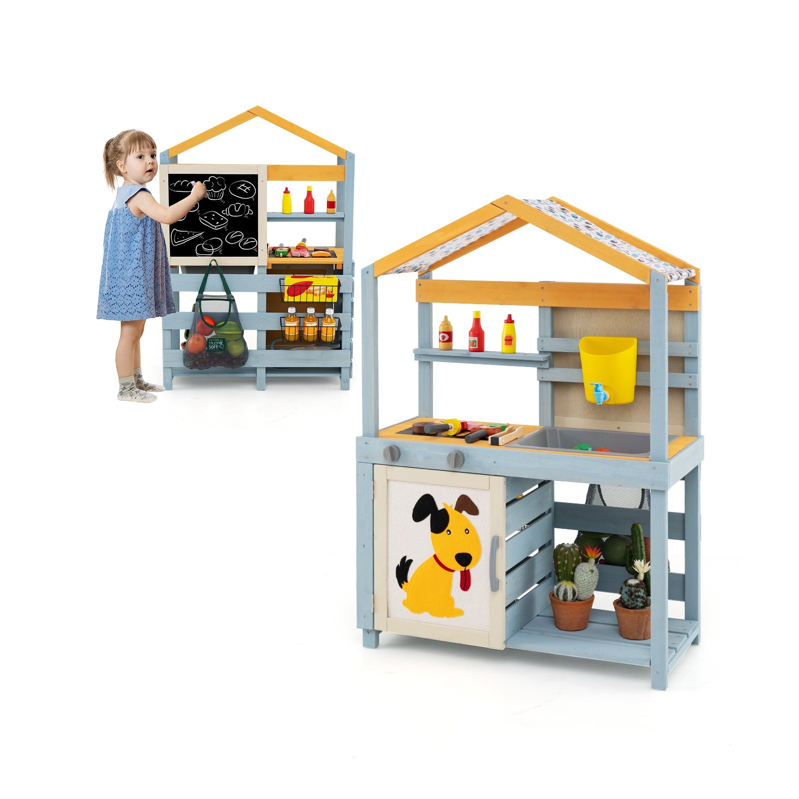 GBruno 2 in 1 Wooden Mud Kitchen with Removable Water Box  and Storage Bag-Gray