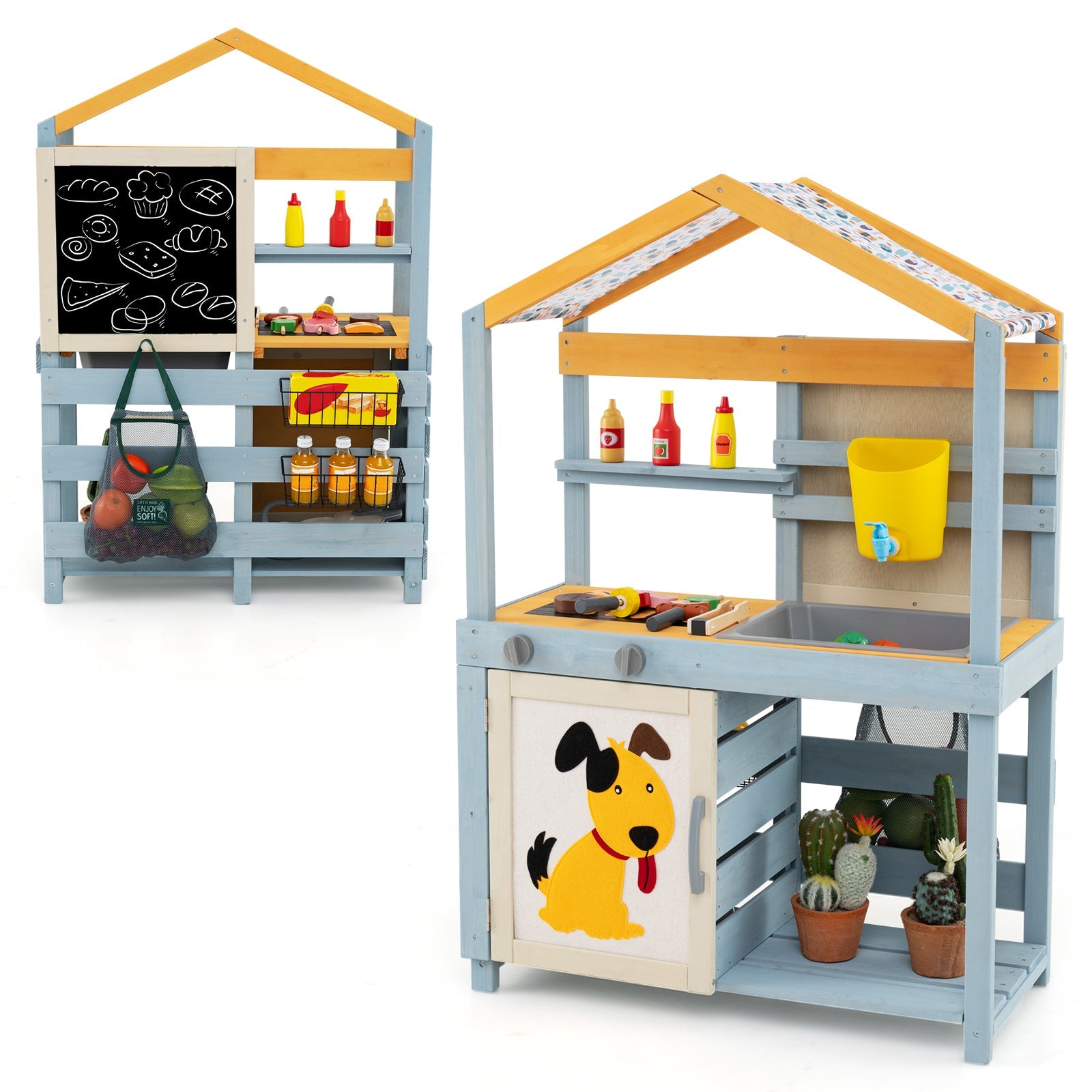 GBruno 2 in 1 Wooden Mud Kitchen with Removable Water Box  and Storage Bag-Gray