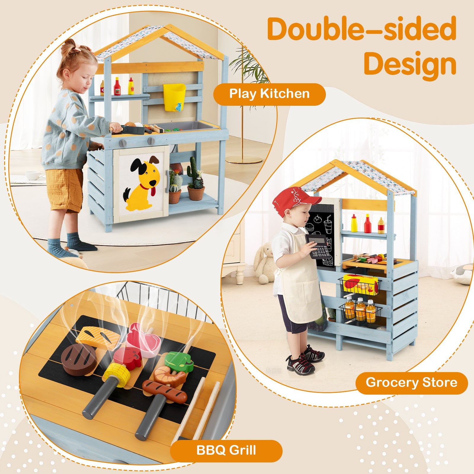 GBruno 2 in 1 Wooden Mud Kitchen with Removable Water Box  and Storage Bag-Gray