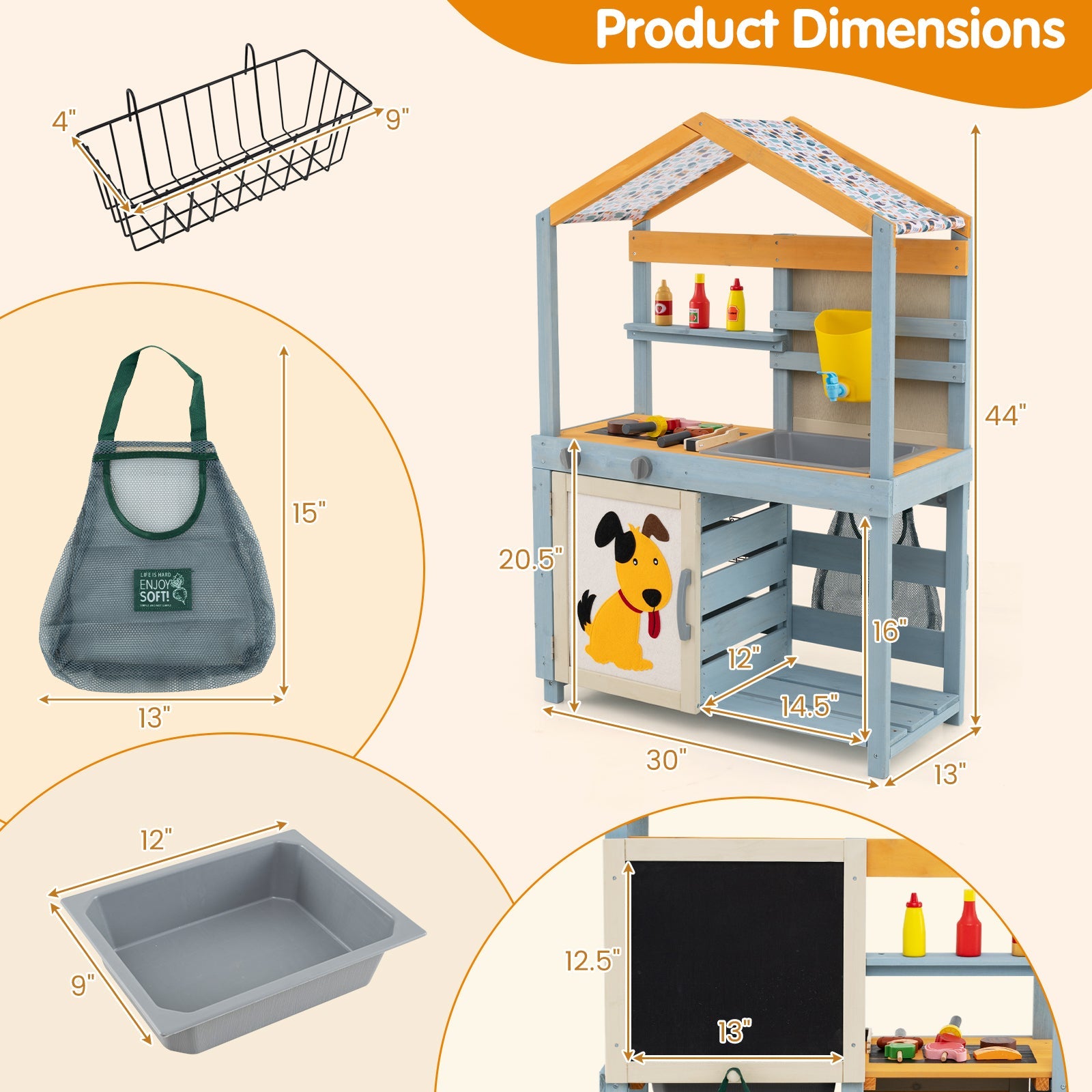 GBruno 2 in 1 Wooden Mud Kitchen with Removable Water Box  and Storage Bag-Gray