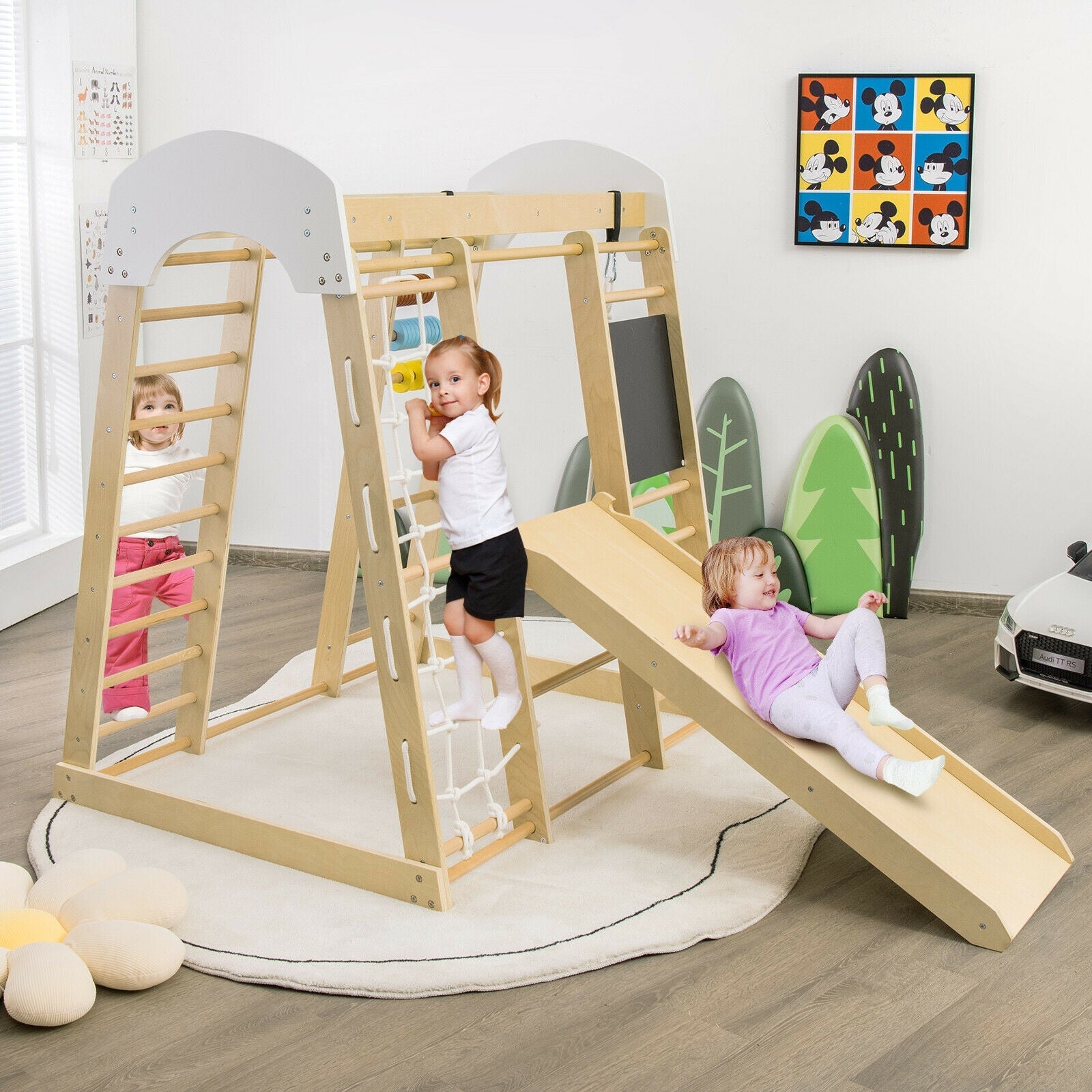GBruno Indoor Playground Climbing Gym Wooden 8-in-1 Climber Playset for Children-Natural