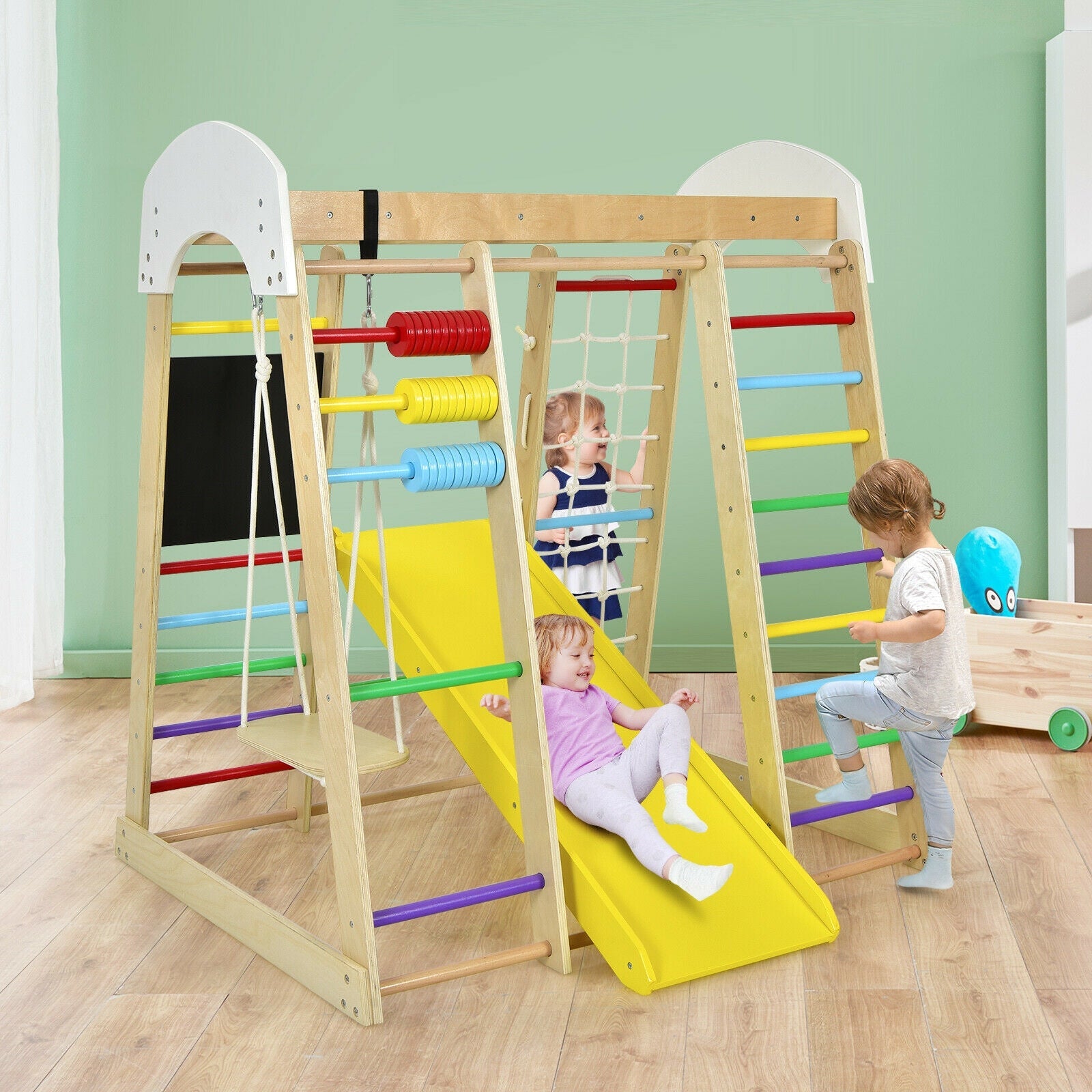 GBruno Indoor Playground Climbing Gym Wooden 8-in-1 Climber Playset for Children-Multicolor