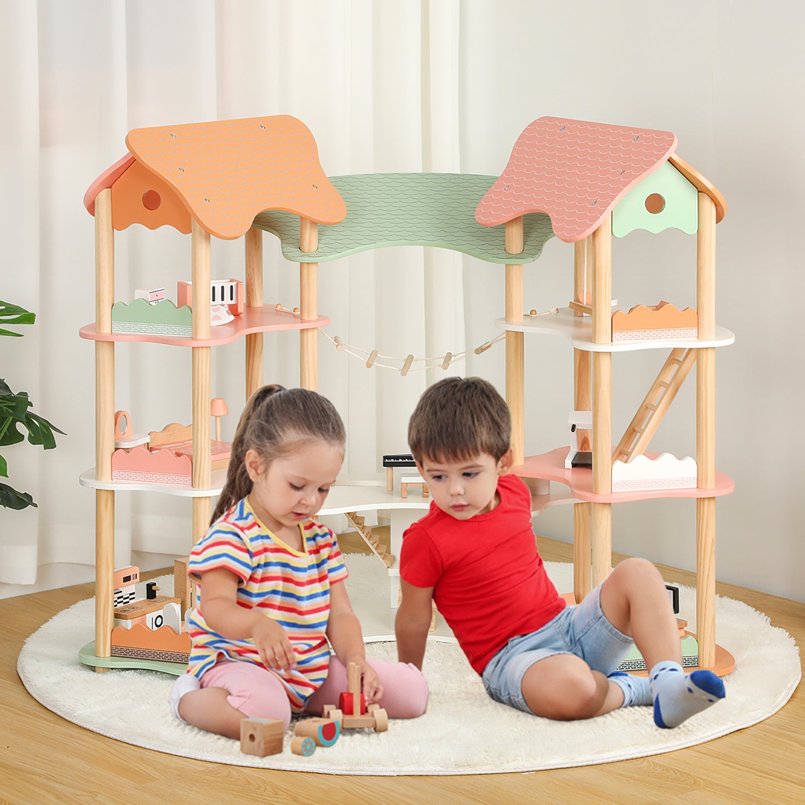 GBruno 3-Tier Wooden Dollhouse for Kids Aged 3-8 Years Old with 32 Pieces of Accessories-Multicolor