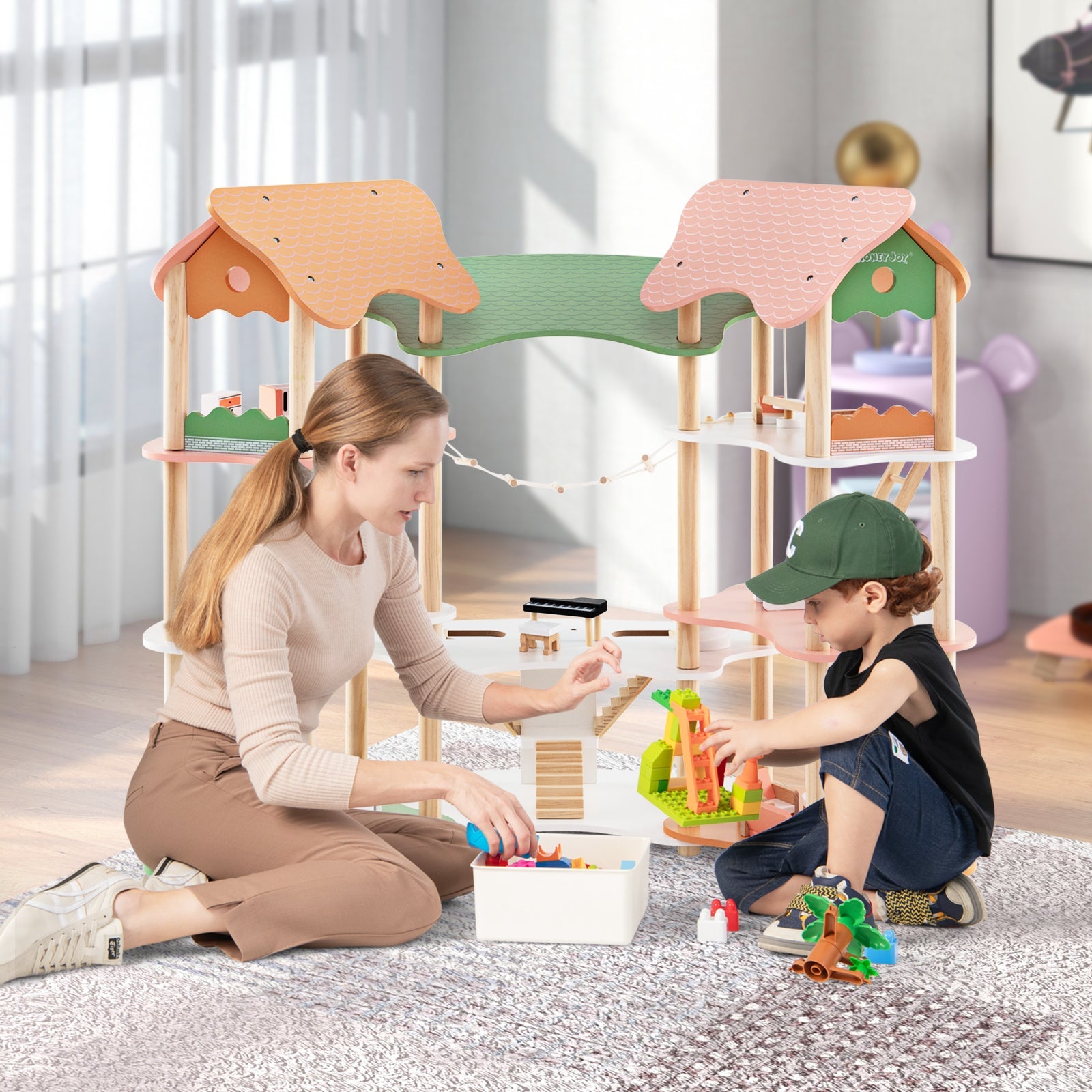 GBruno 3-Tier Wooden Dollhouse for Kids Aged 3-8 Years Old with 32 Pieces of Accessories-Multicolor