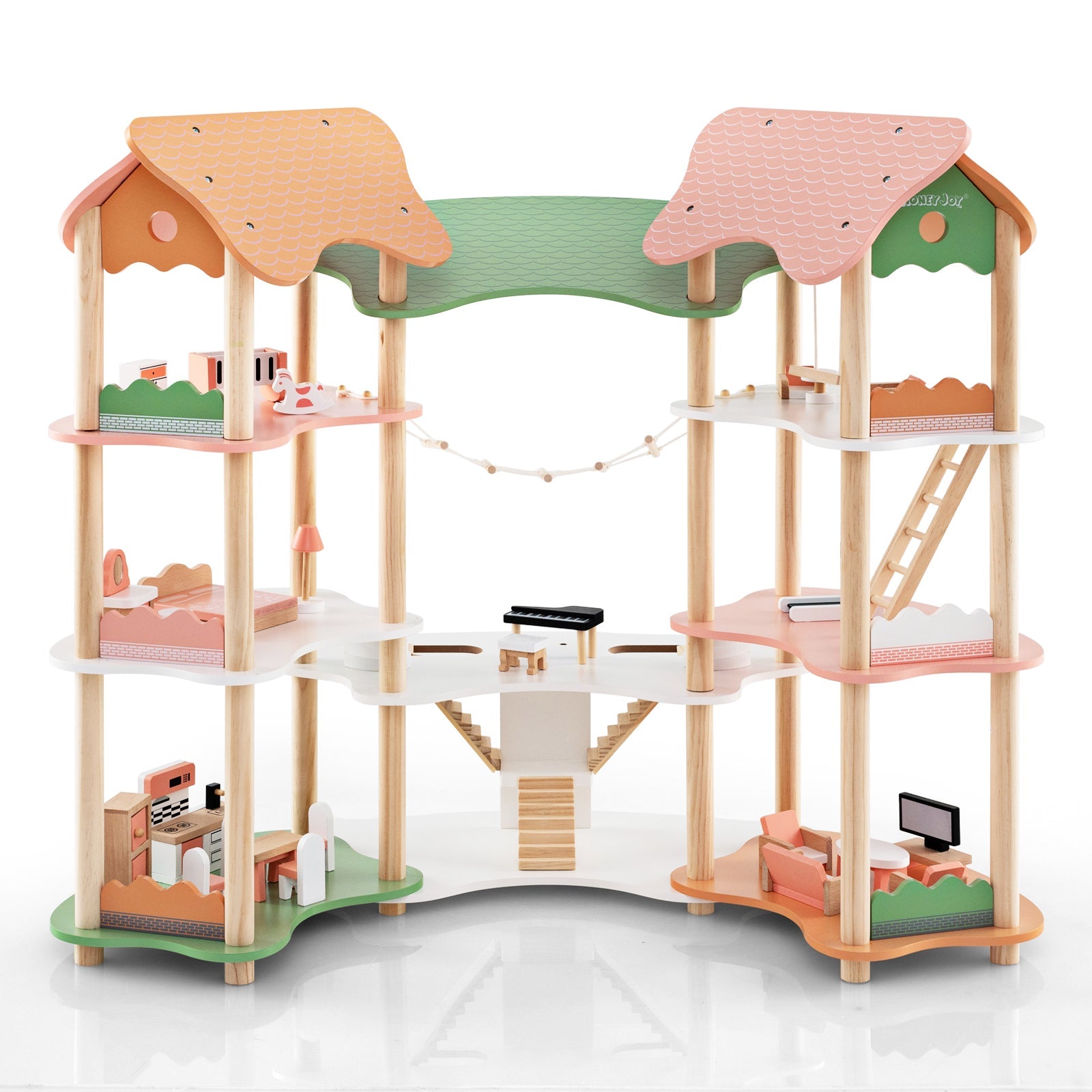 GBruno 3-Tier Wooden Dollhouse for Kids Aged 3-8 Years Old with 32 Pieces of Accessories-Multicolor