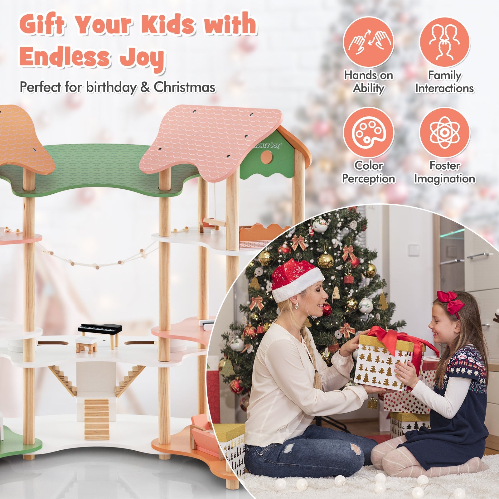GBruno 3-Tier Wooden Dollhouse for Kids Aged 3-8 Years Old with 32 Pieces of Accessories-Multicolor