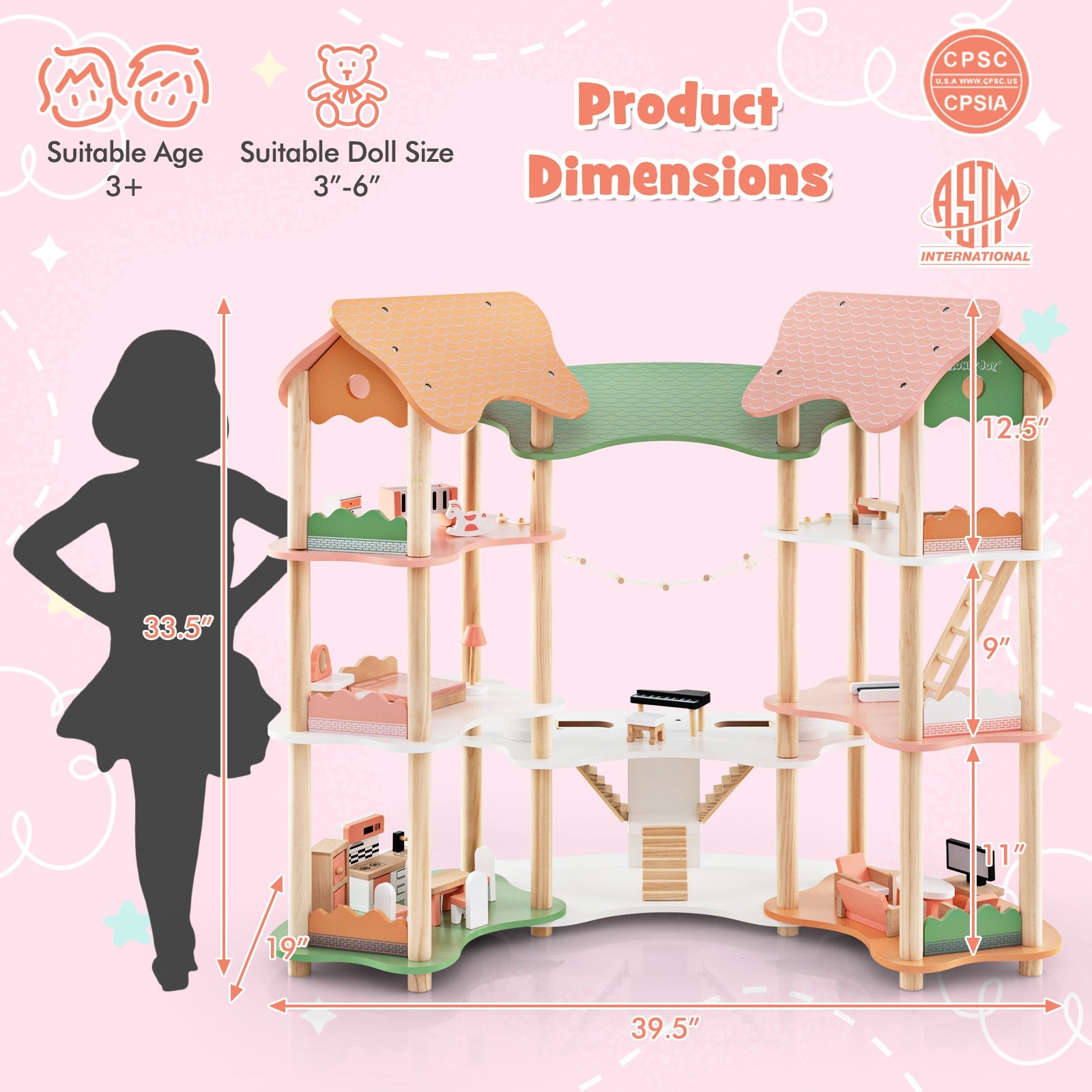 GBruno 3-Tier Wooden Dollhouse for Kids Aged 3-8 Years Old with 32 Pieces of Accessories-Multicolor