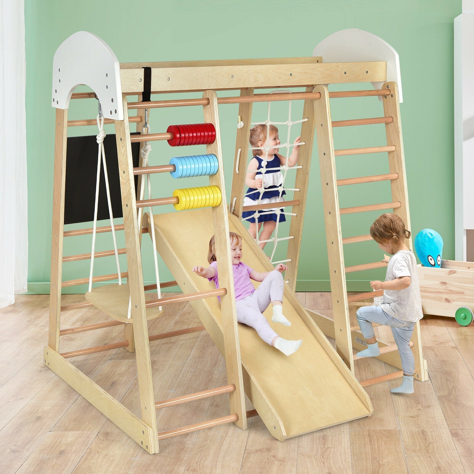 GBruno Indoor Playground Climbing Gym Wooden 8-in-1 Climber Playset for Children-Natural