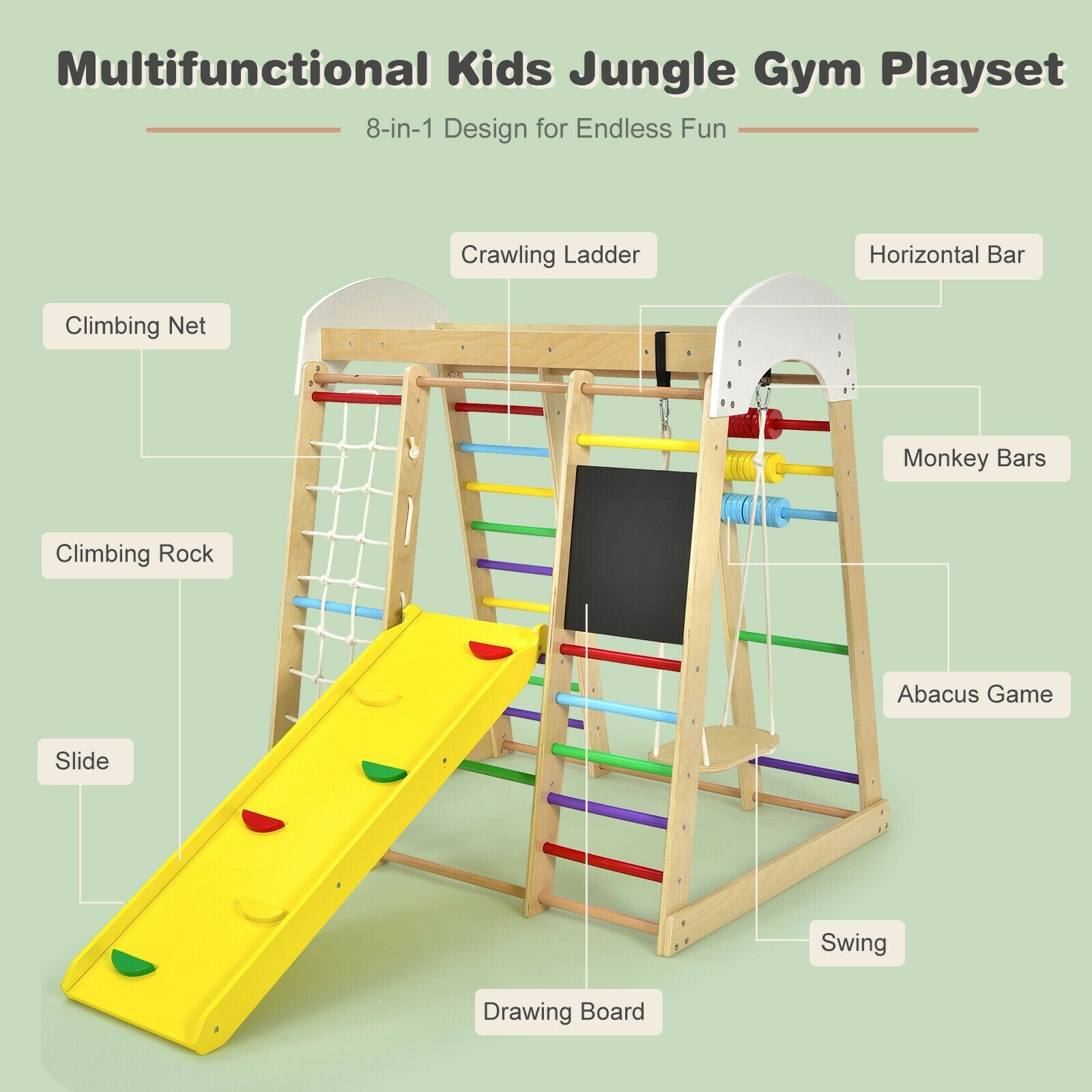 GBruno Indoor Playground Climbing Gym Wooden 8-in-1 Climber Playset for Children-Multicolor
