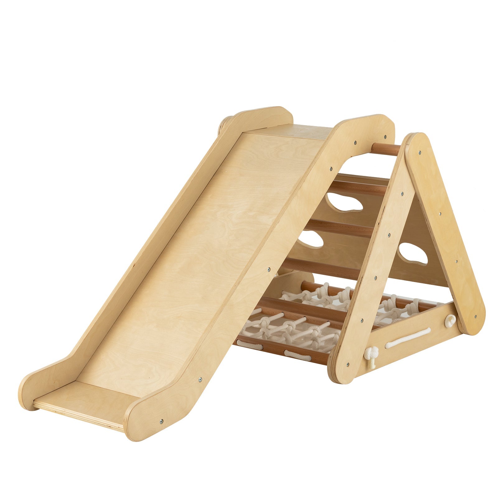 GBruno 4 in 1 Triangle Climber Toy with Sliding Board and Climbing Net-Natural