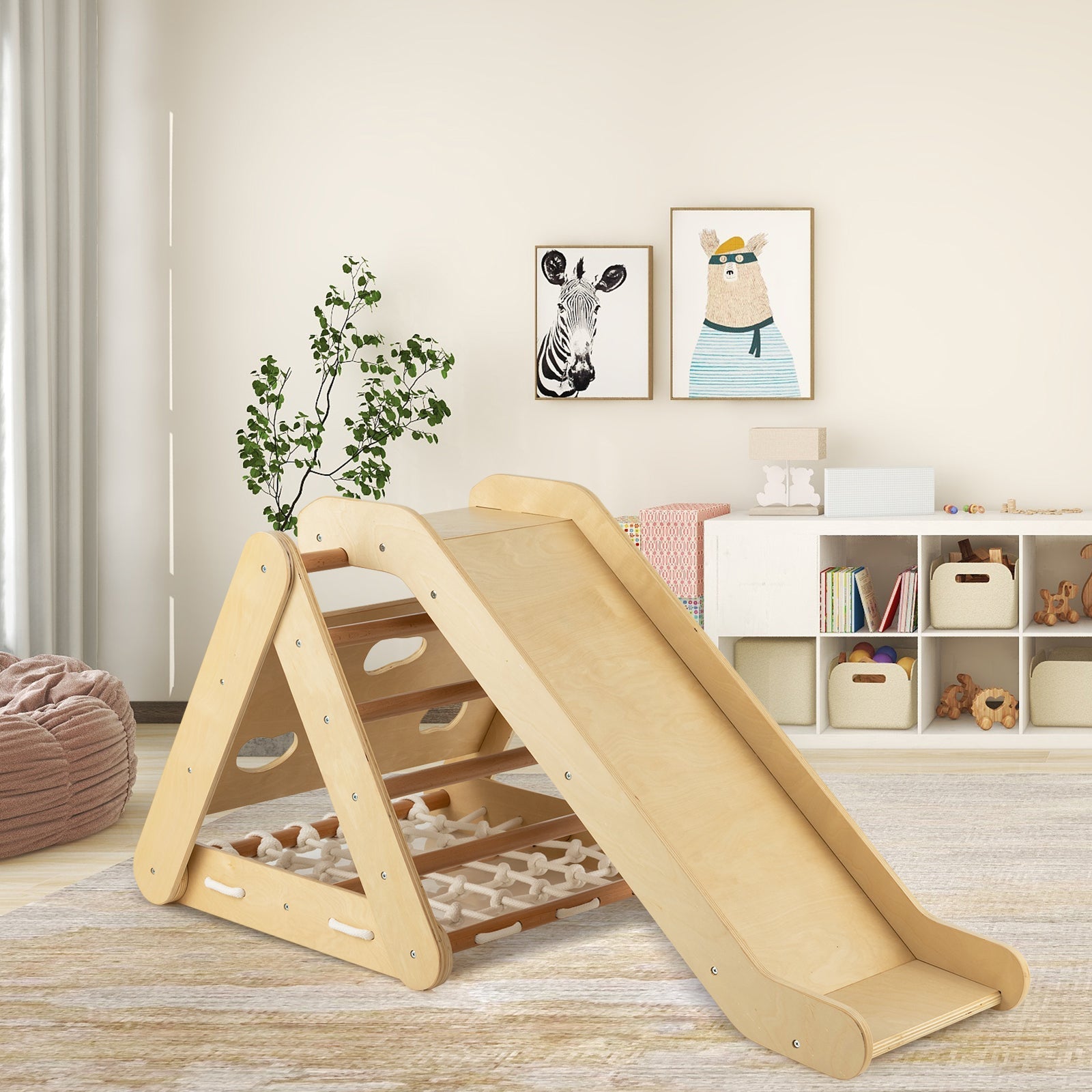 GBruno 4 in 1 Triangle Climber Toy with Sliding Board and Climbing Net-Natural