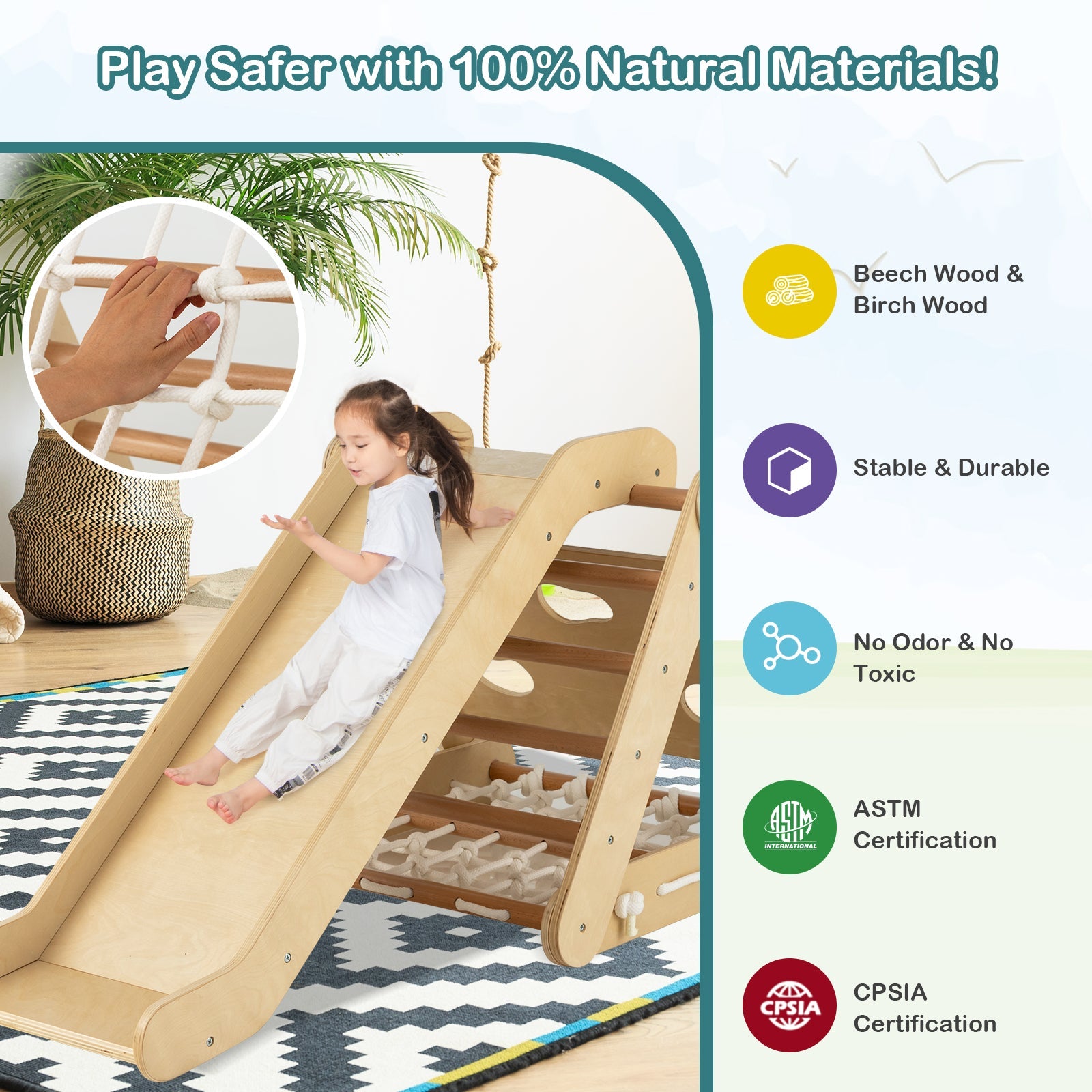 GBruno 4 in 1 Triangle Climber Toy with Sliding Board and Climbing Net-Natural