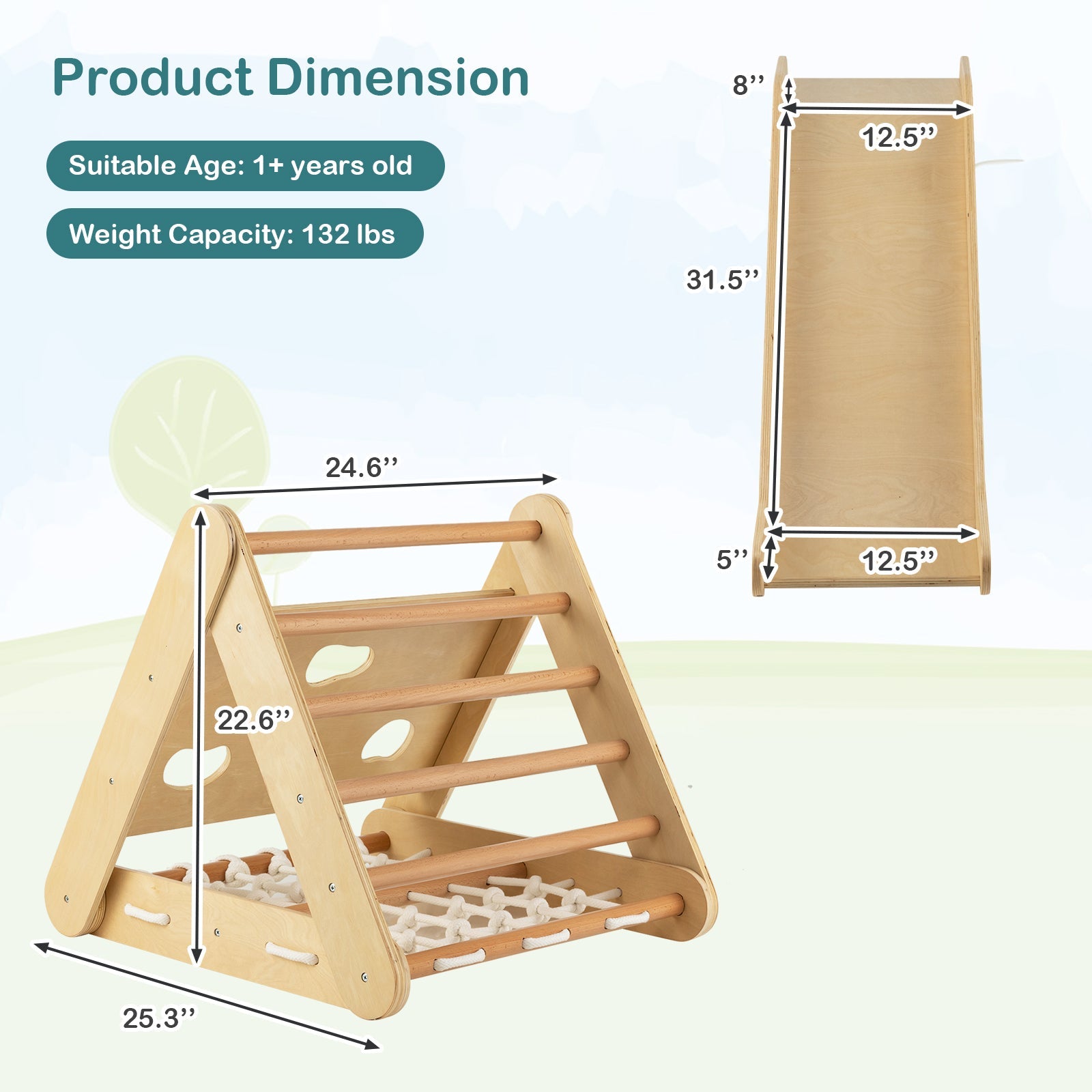 GBruno 4 in 1 Triangle Climber Toy with Sliding Board and Climbing Net-Natural