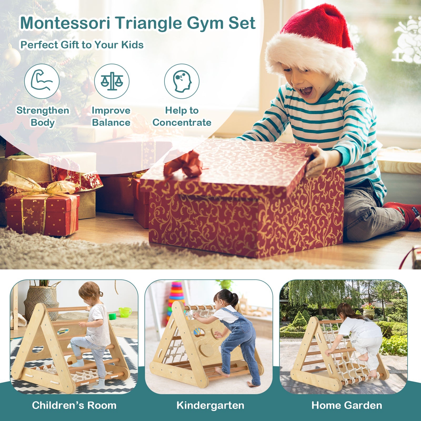 GBruno 4 in 1 Triangle Climber Toy with Sliding Board and Climbing Net-Natural