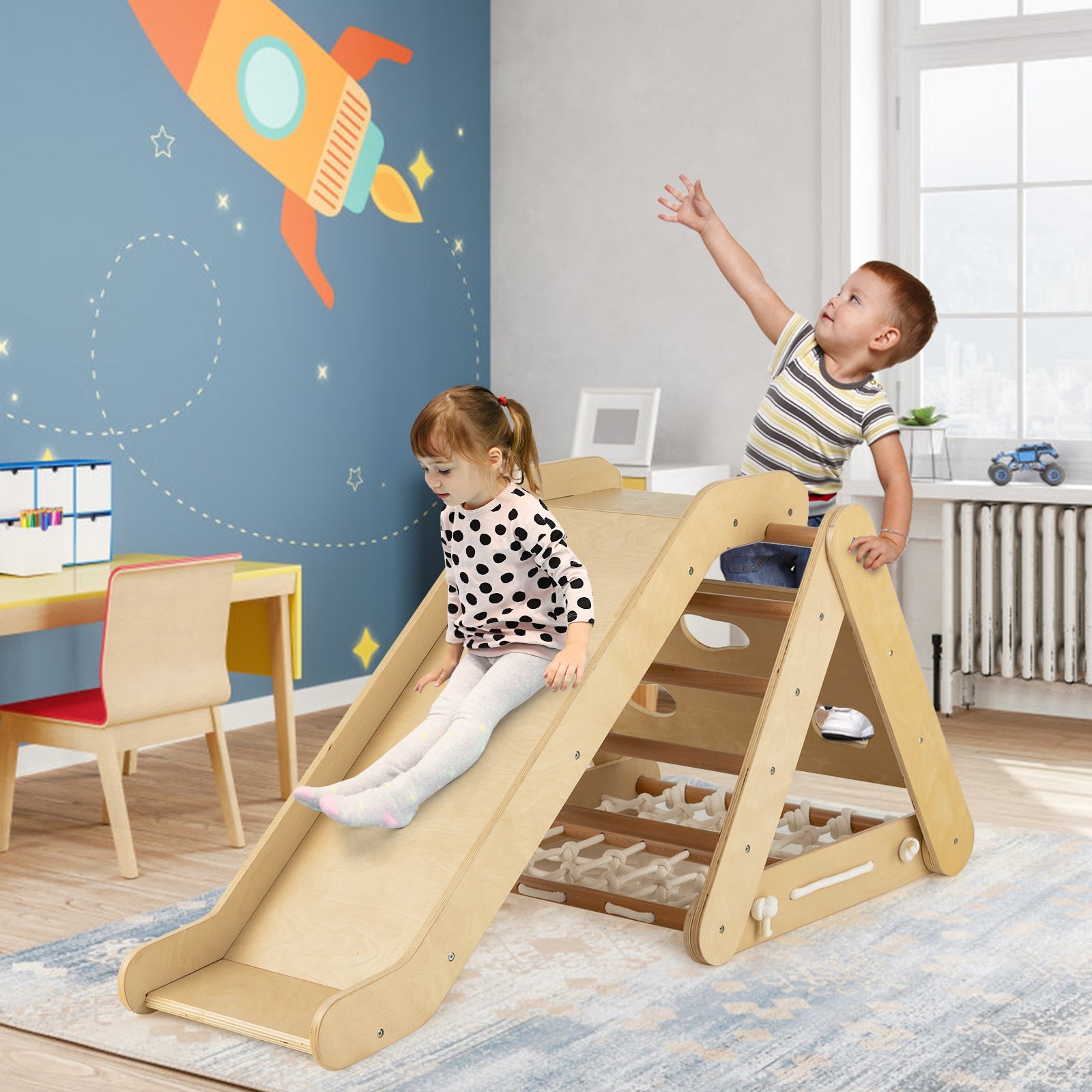 GBruno 4 in 1 Triangle Climber Toy with Sliding Board and Climbing Net-Natural
