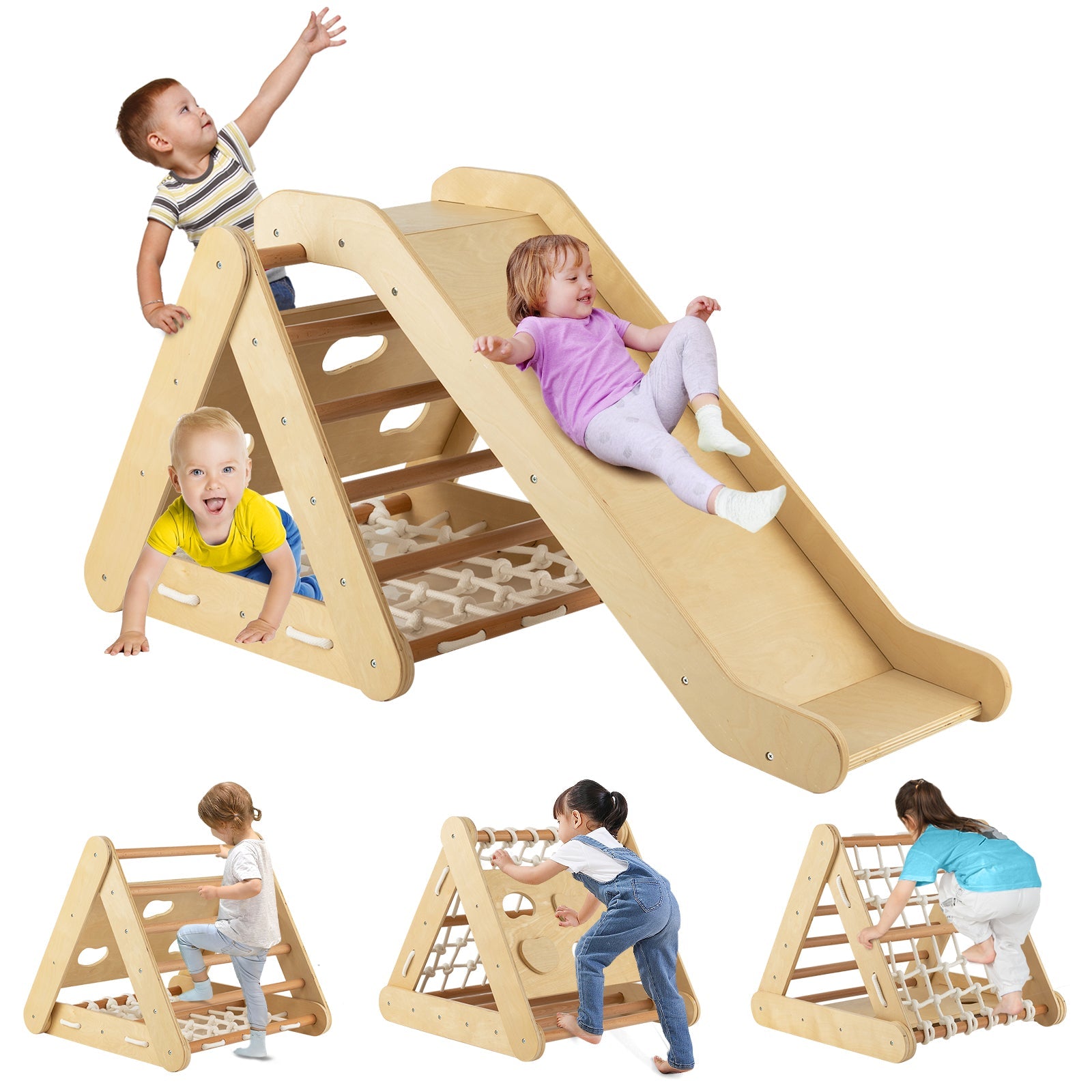 GBruno 4 in 1 Triangle Climber Toy with Sliding Board and Climbing Net-Natural