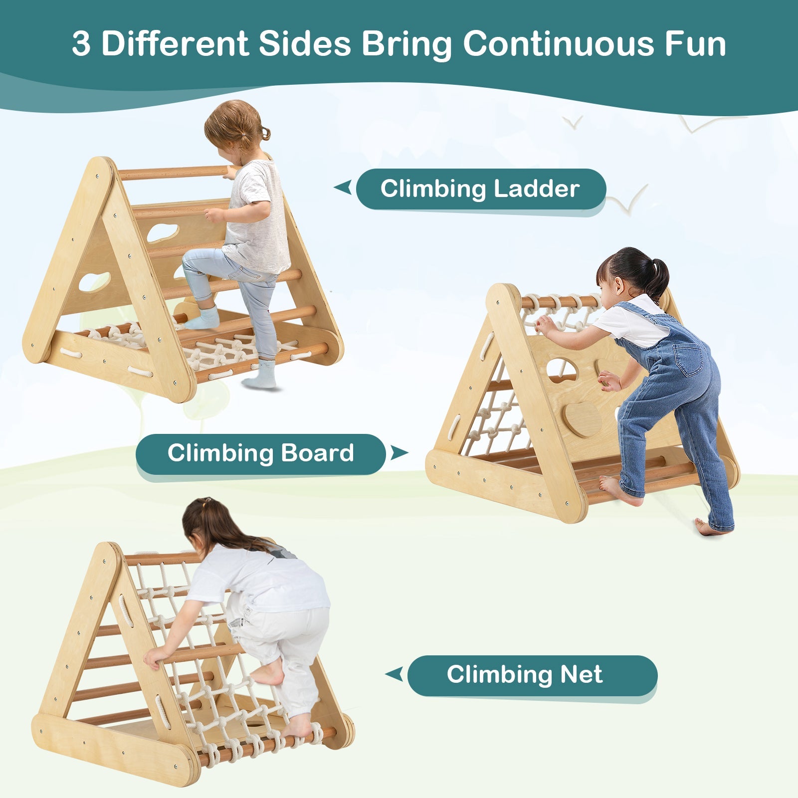 GBruno 4 in 1 Triangle Climber Toy with Sliding Board and Climbing Net-Natural