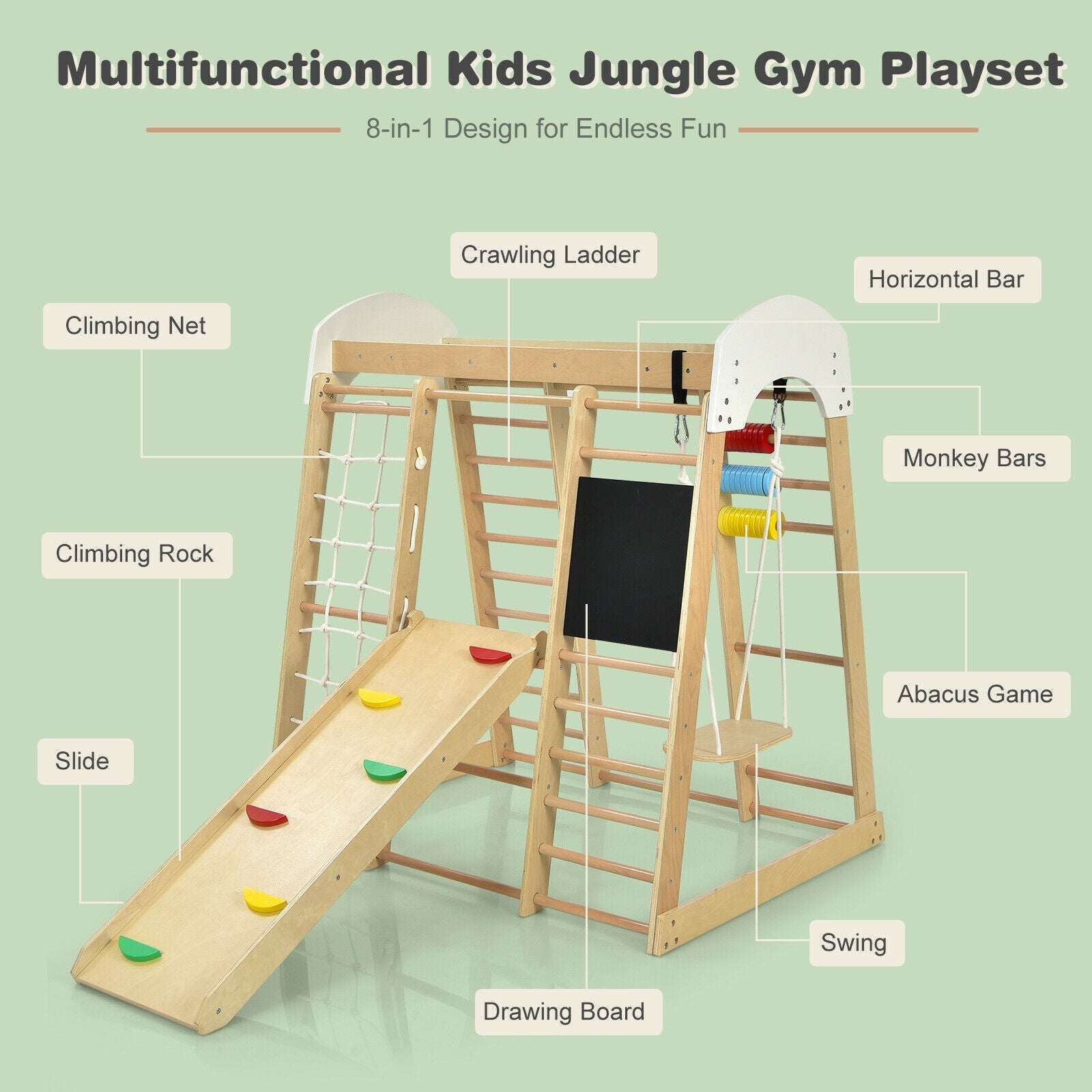GBruno Indoor Playground Climbing Gym Wooden 8-in-1 Climber Playset for Children-Natural