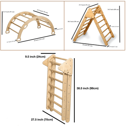 Kidodido 3 Piece Montessori Climbing Set - Climbing Triangle + Arch/Rocker + Ladder/Slide Ramp KIDO02 white background specifications