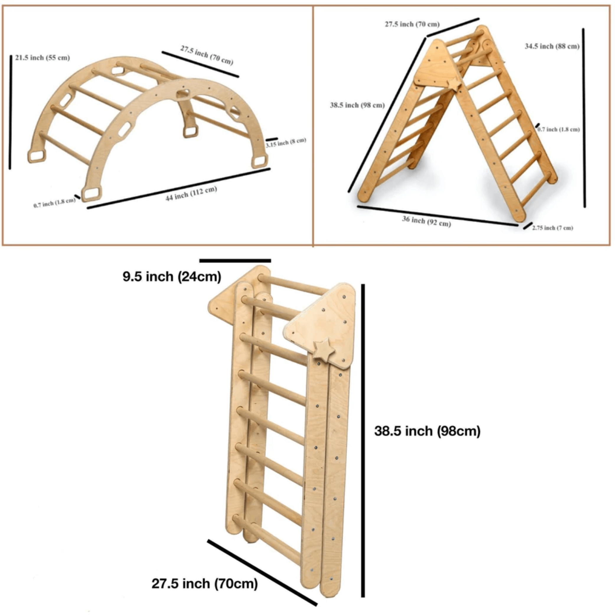 Kidodido 3 Piece Montessori Climbing Set - Climbing Triangle + Arch/Rocker + Ladder/Slide Ramp KIDO02 white background specifications