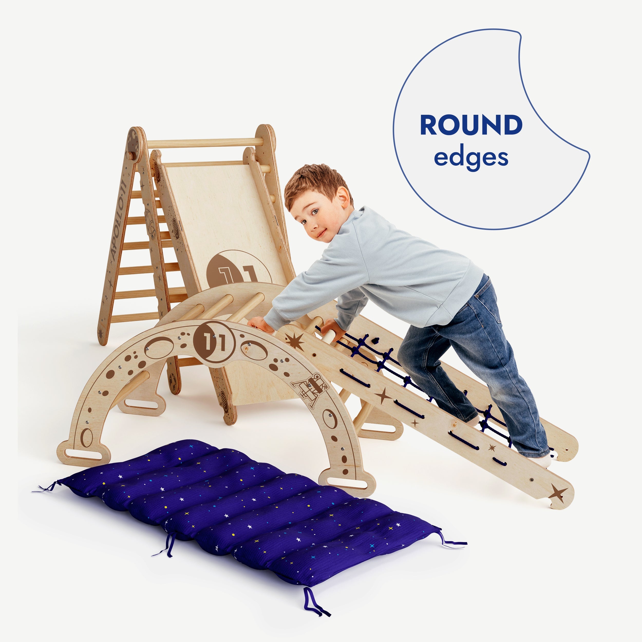 Goodevas Apollo 5in1 Climbing Set:  Pikler Triangle, Net, Arch, Slide Board, and Cushion for Little Astronauts