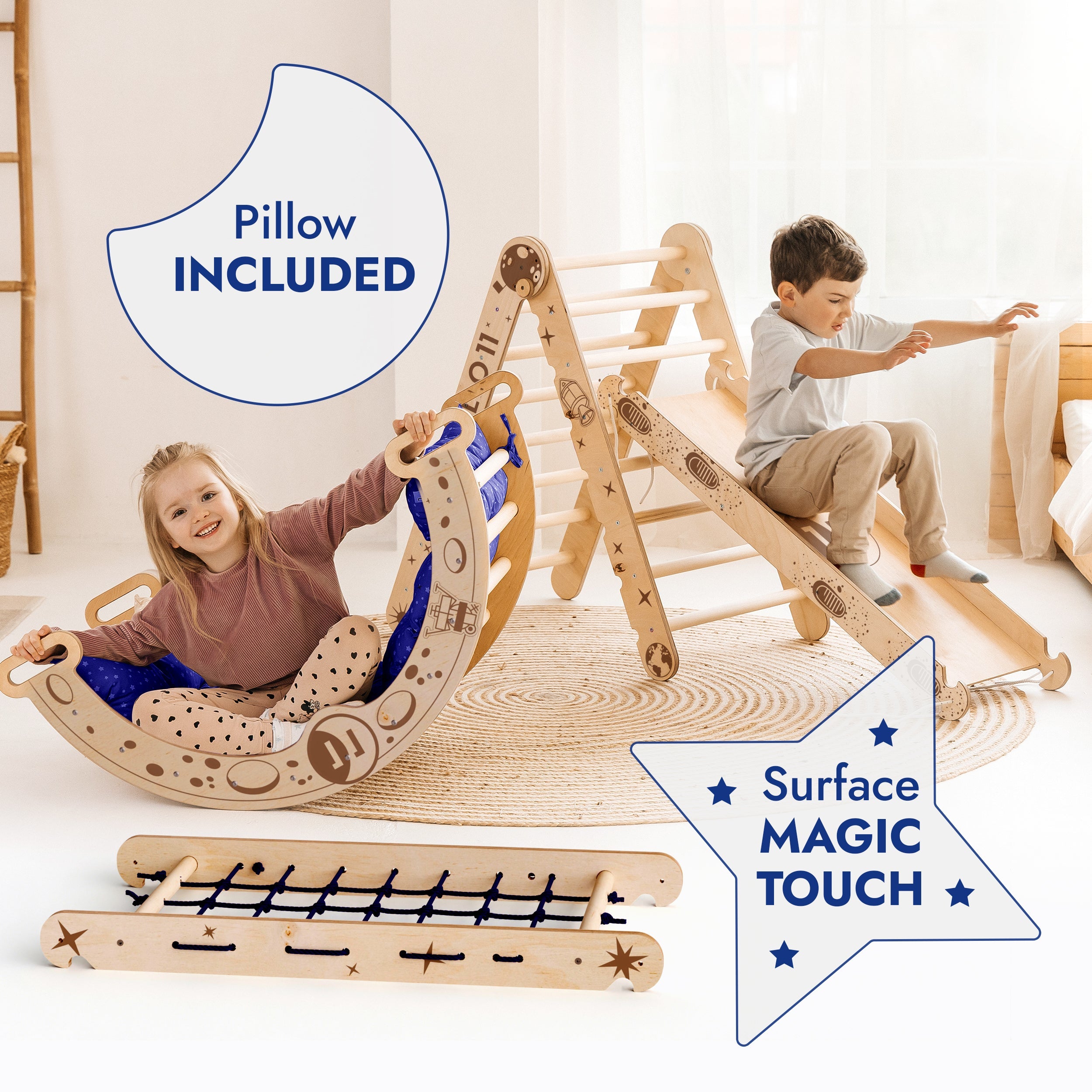 Goodevas Apollo 5in1 Climbing Set:  Pikler Triangle, Net, Arch, Slide Board, and Cushion for Little Astronauts