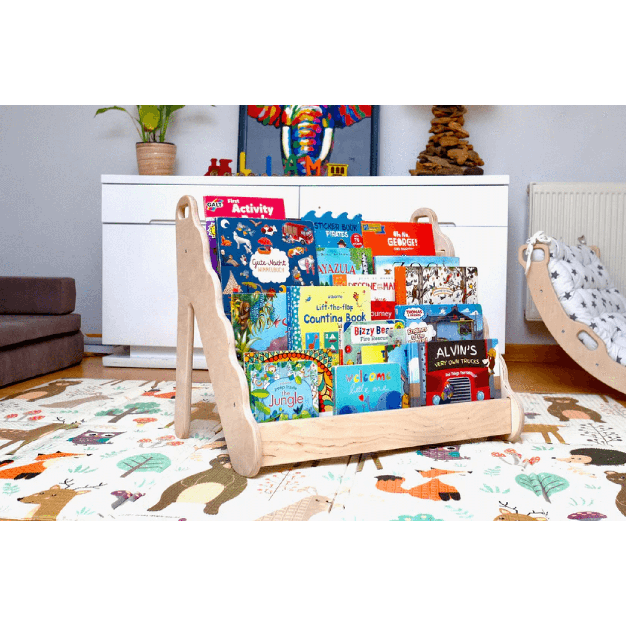 Kidodido Wave Design Wooden Bookshelf KID018L with books