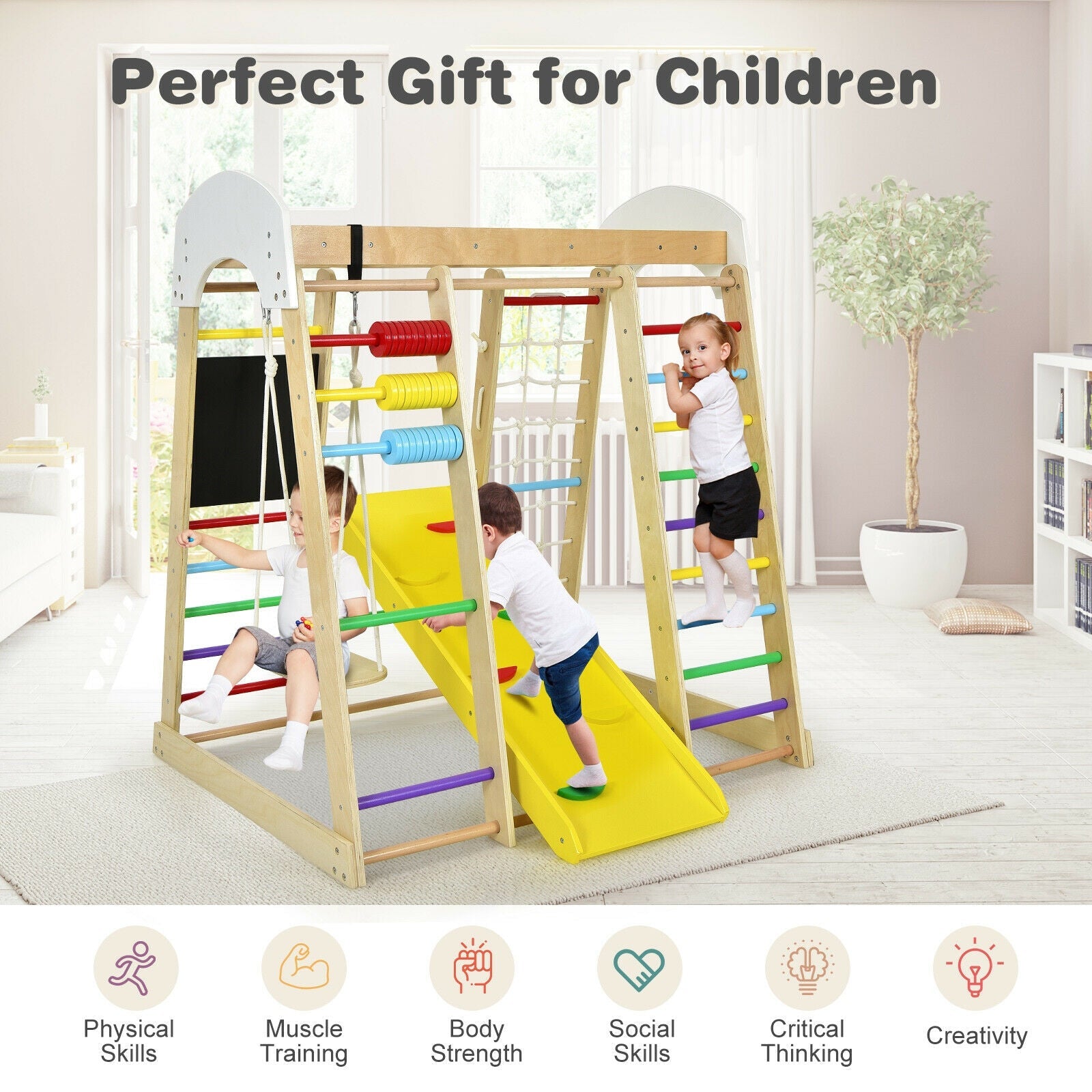 GBruno Indoor Playground Climbing Gym Wooden 8-in-1 Climber Playset for Children-Multicolor