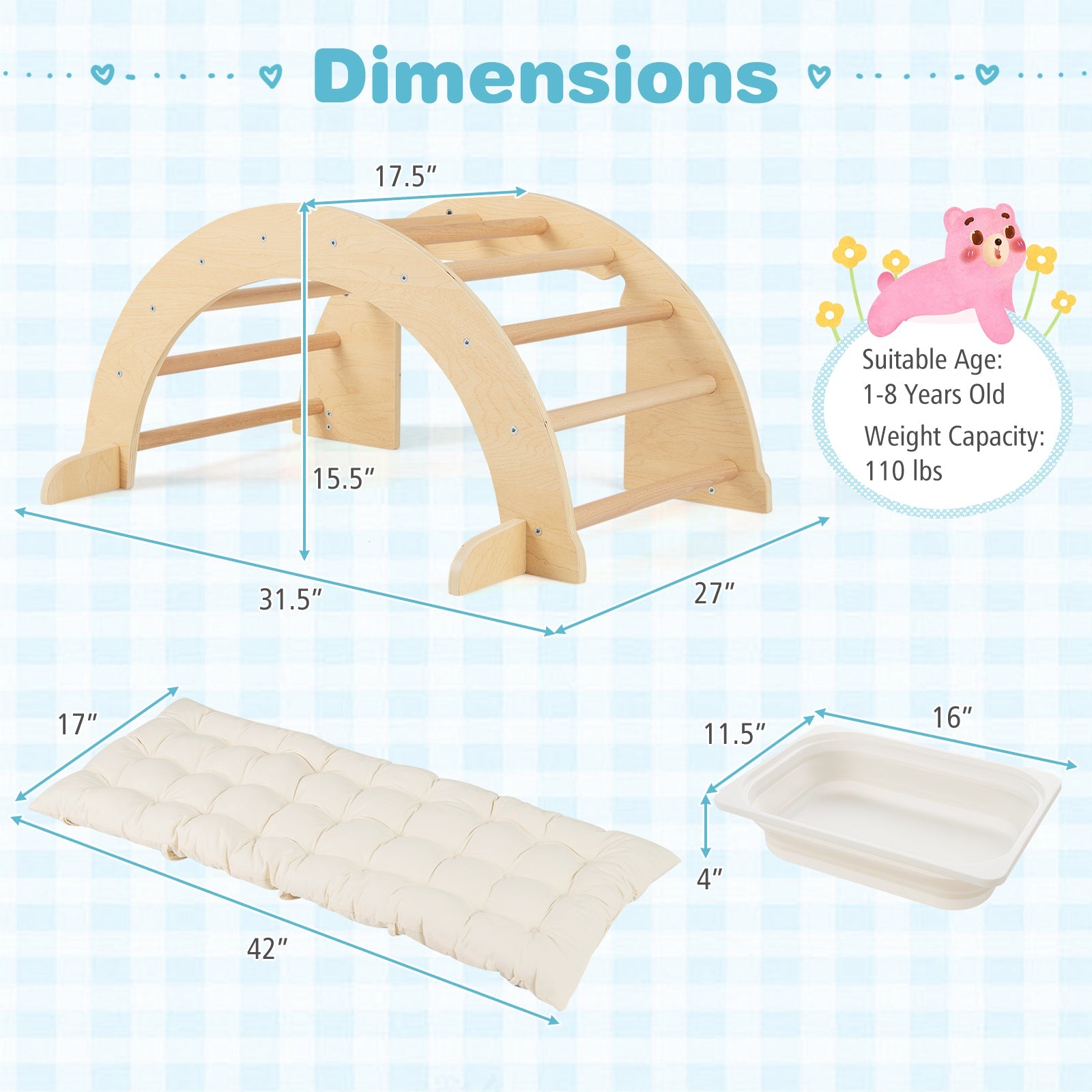 6 in 1 Kids Climbing Arch Playset wIth Removable Cushion and Stoppers-Natural
