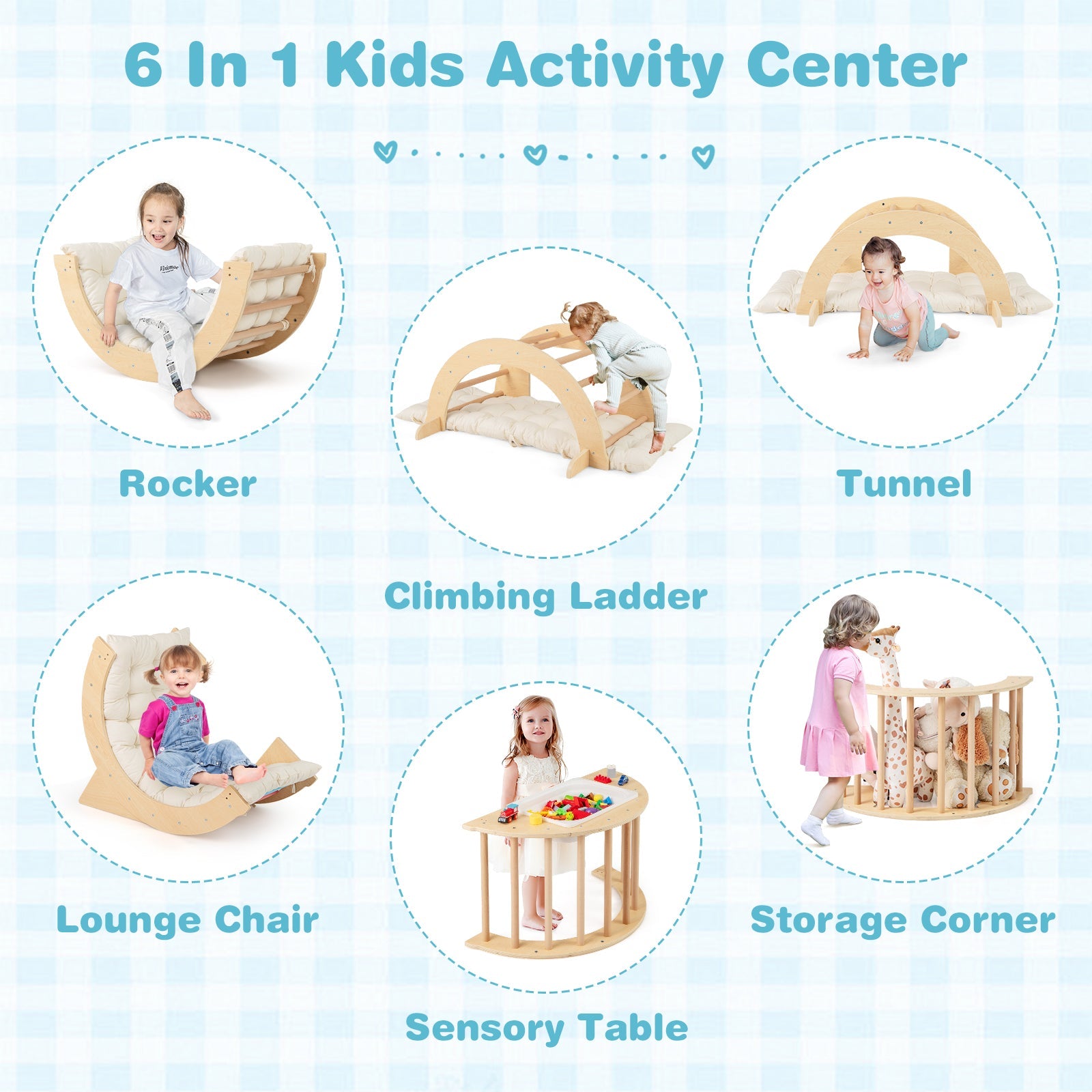 6 in 1 Kids Climbing Arch Playset wIth Removable Cushion and Stoppers-Natural