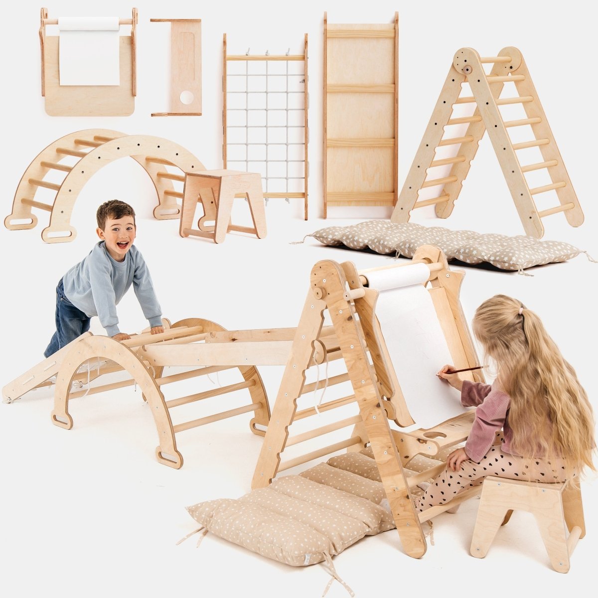 6in1 Montessori Climbing Set: Triangle Ladder + Arch/Rocker + Slide/Ramp + Net + Cushion + Art Addition