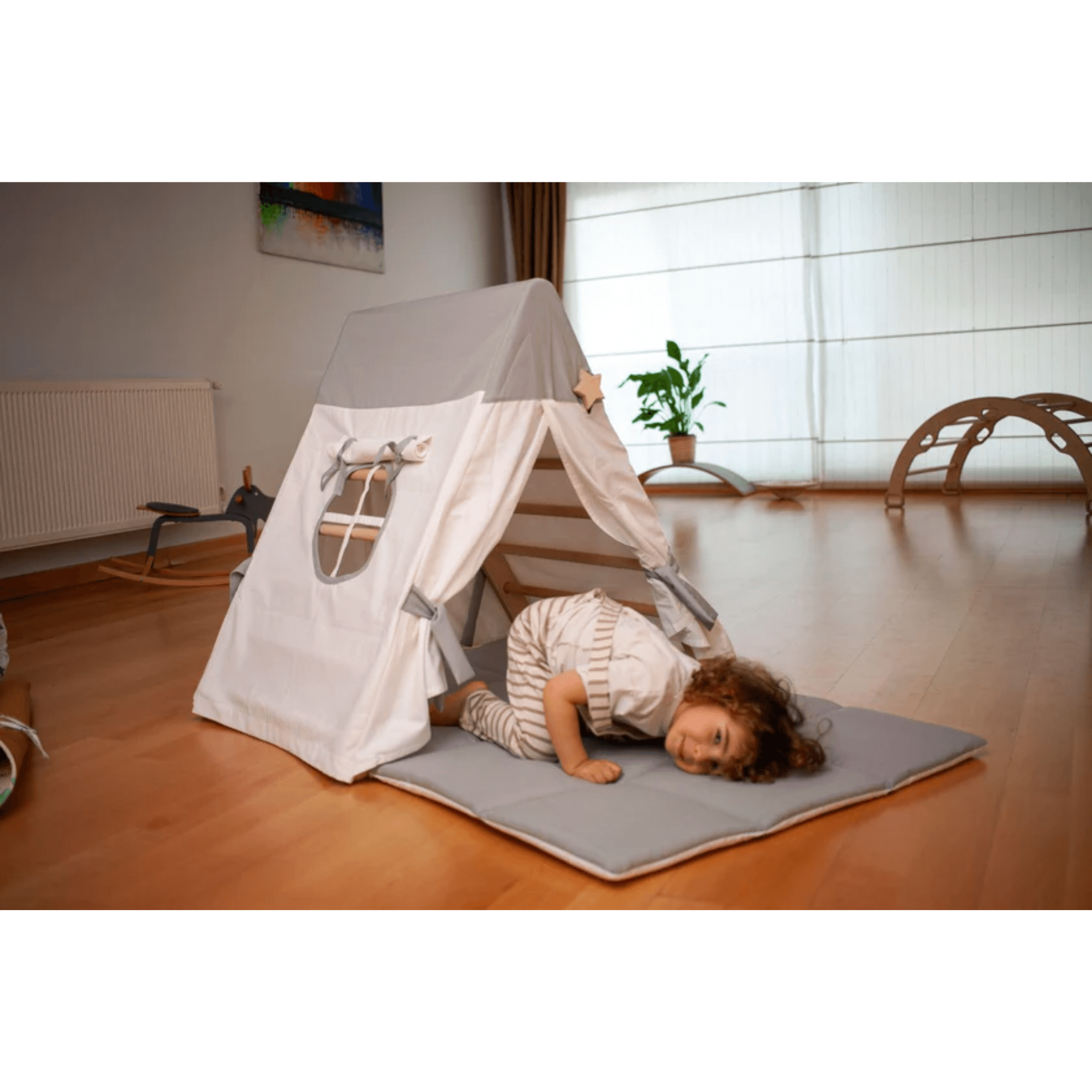 Kidodido Montessori Climbing Triangle with White & Gray Tent Cover, Mat, and Ramp child on rug