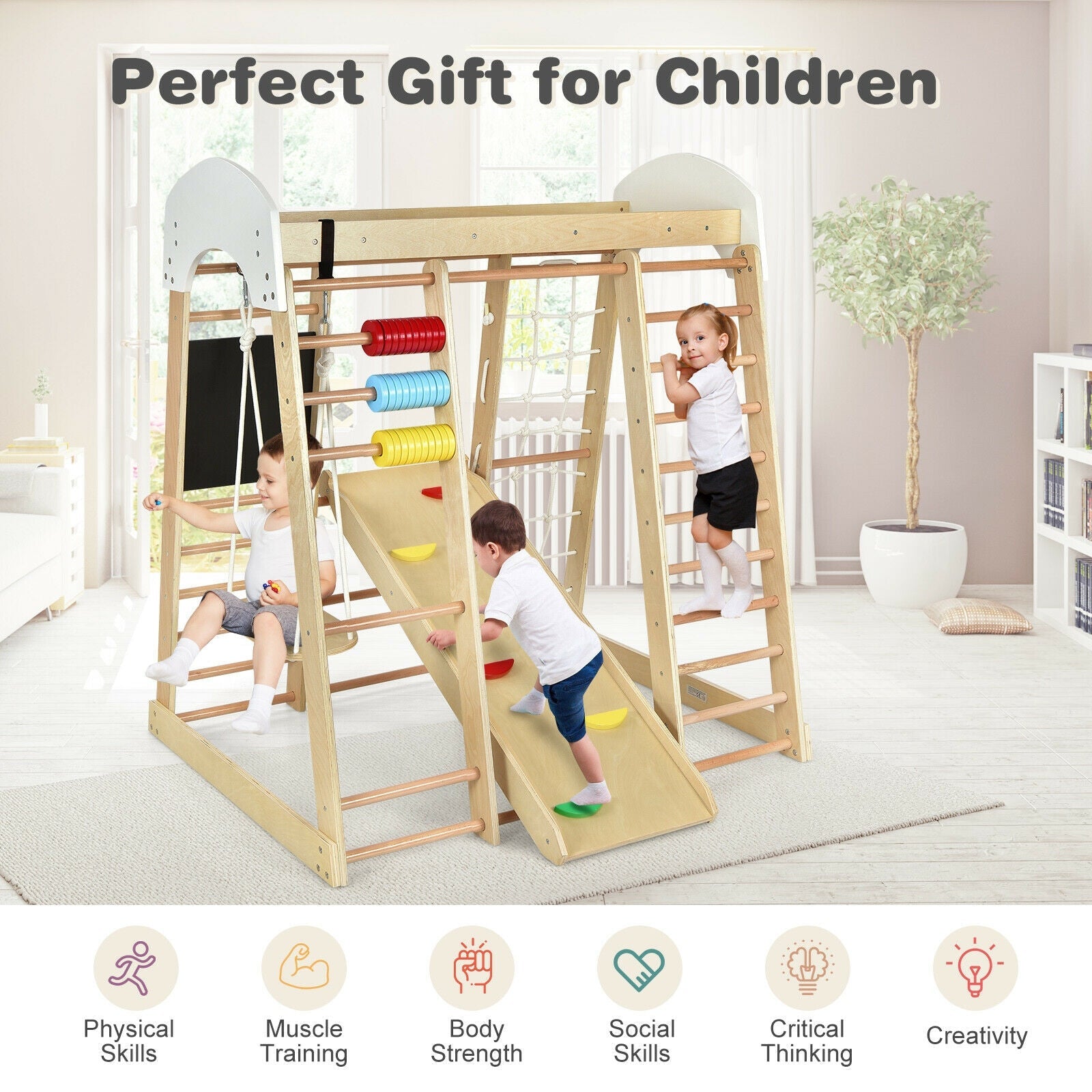GBruno Indoor Playground Climbing Gym Wooden 8-in-1 Climber Playset for Children-Natural