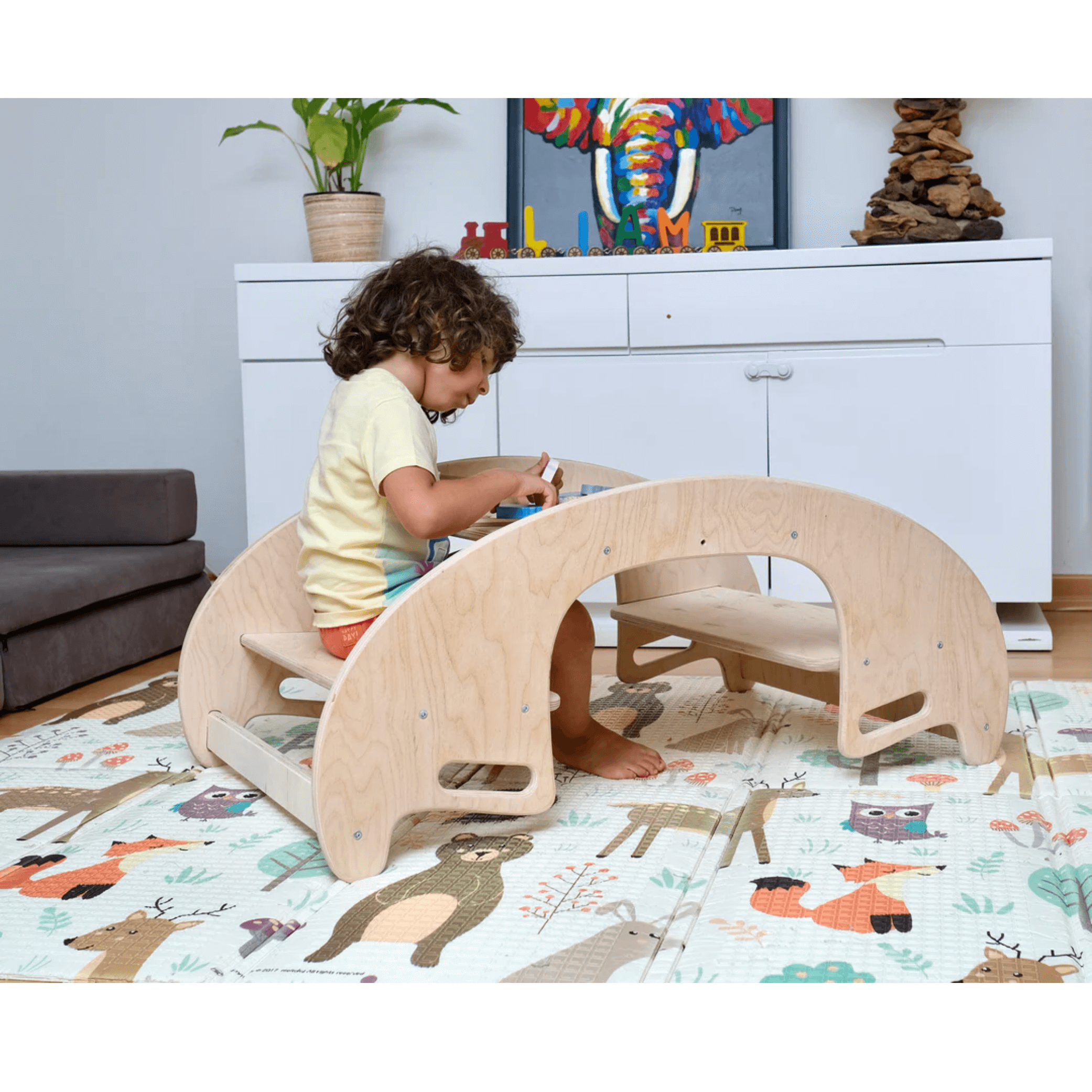 Kidodido 2 in 1 Wooden Seesaw and Montessori Table and Chair Set KID039 side view child sitting at table