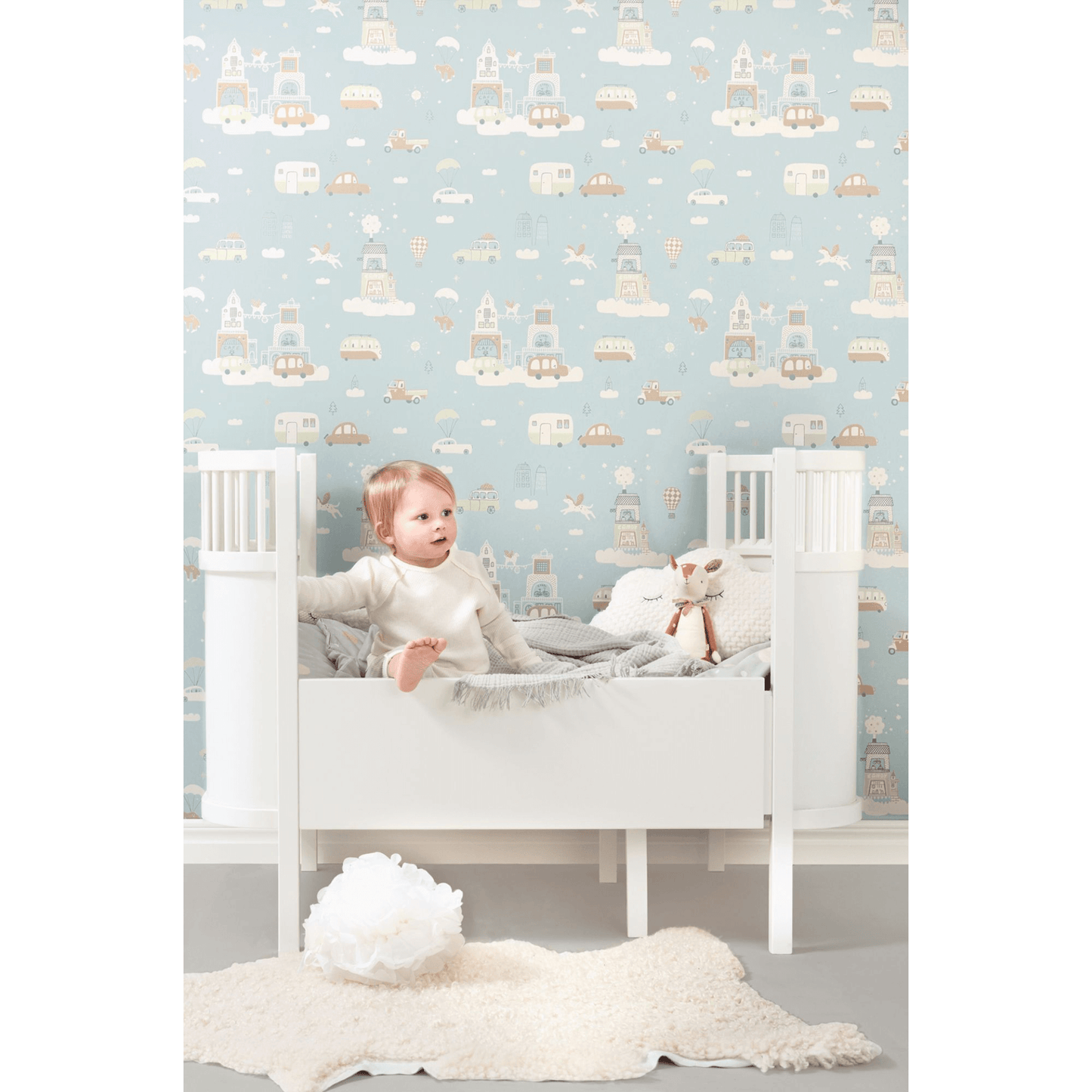 Majvillan Above the Clouds Wallpaper 131-02 child sitting on bed